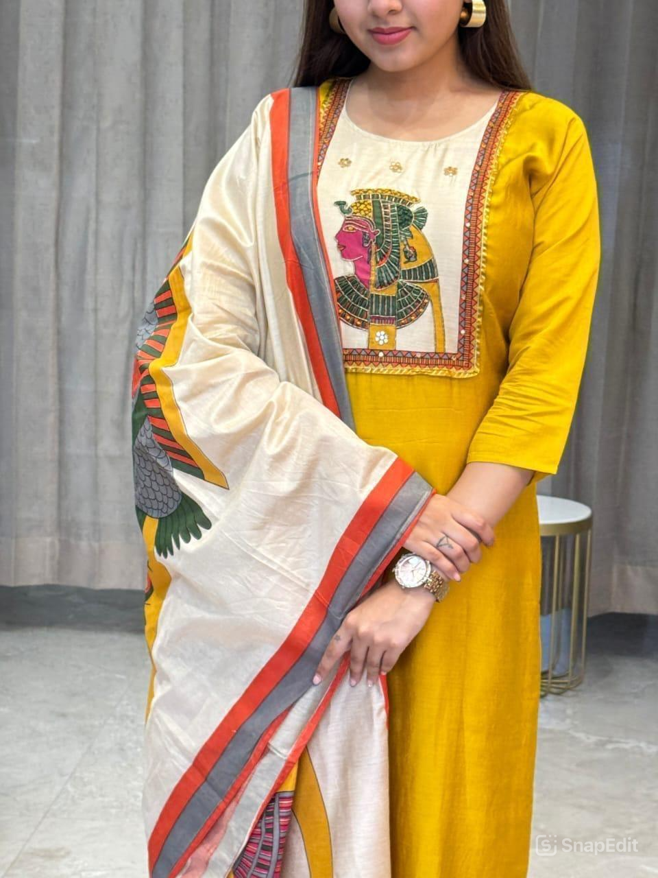 Chinon & Egyptian Print Silk Three-Piece Suit – Kurta, Pant & Dupatta