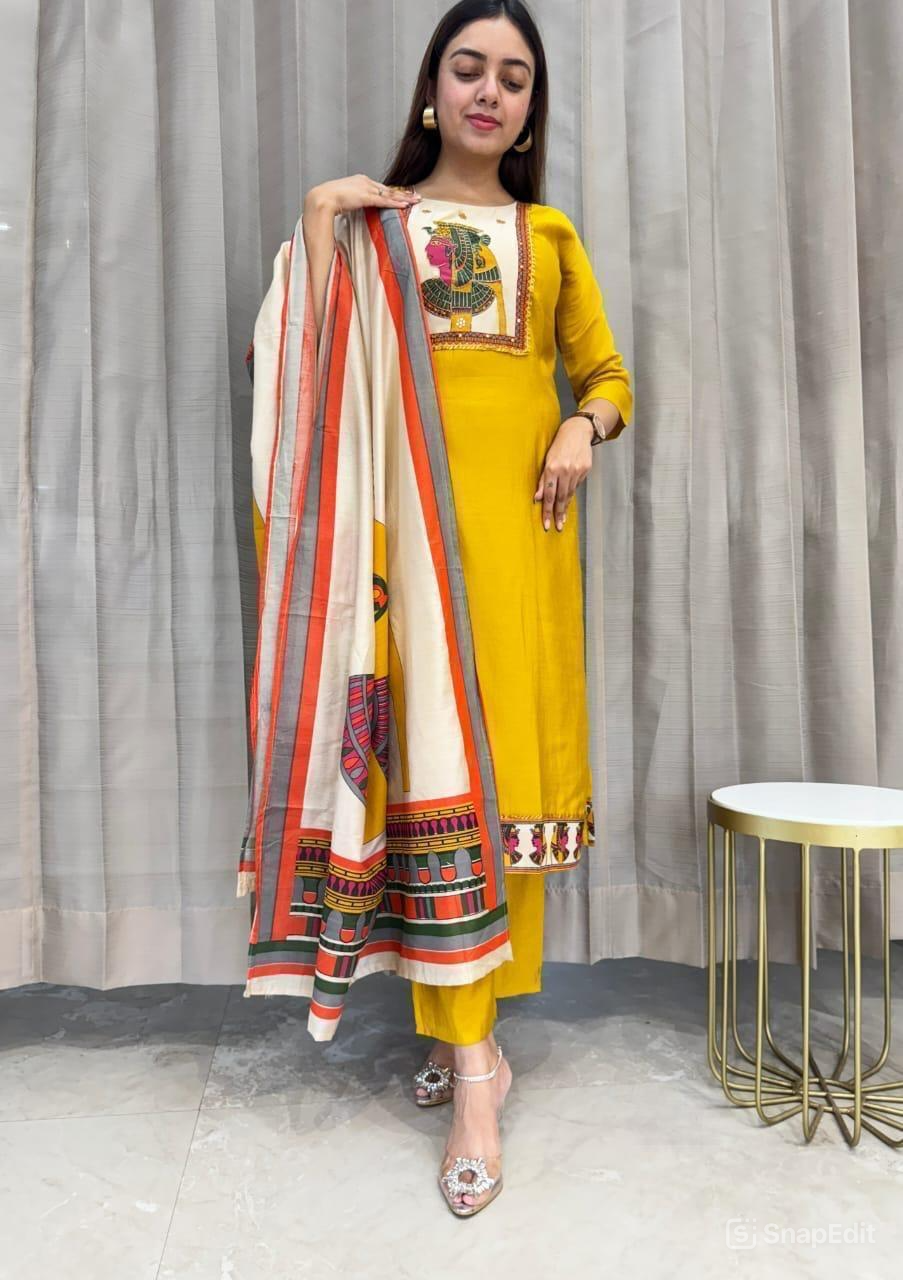 Chinon & Egyptian Print Silk Three-Piece Suit – Kurta, Pant & Dupatta