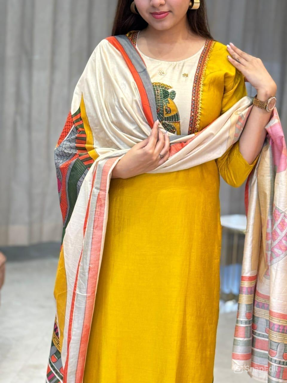 Chinon & Egyptian Print Silk Three-Piece Suit – Kurta, Pant & Dupatta
