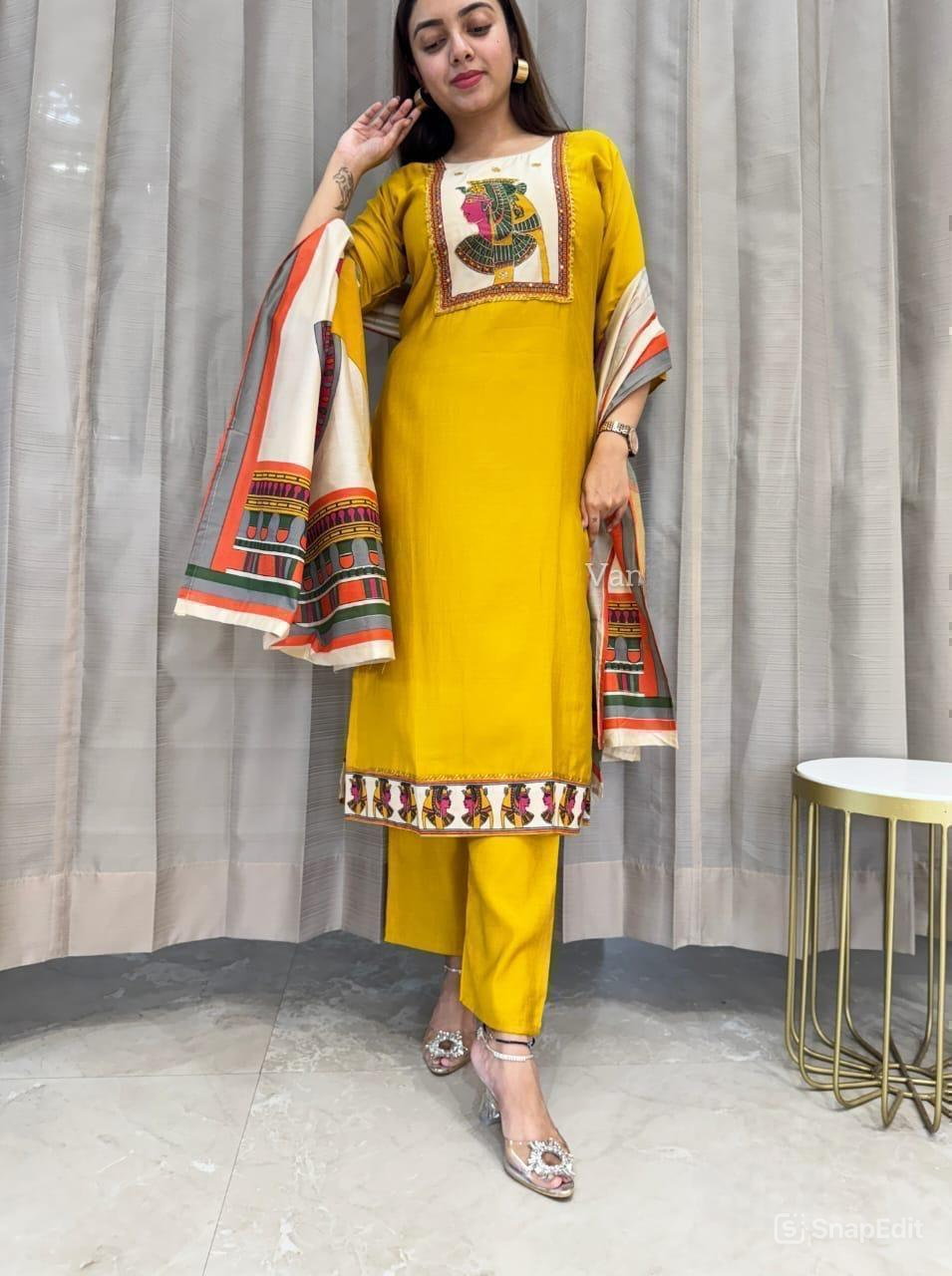Chinon & Egyptian Print Silk Three-Piece Suit – Kurta, Pant & Dupatta