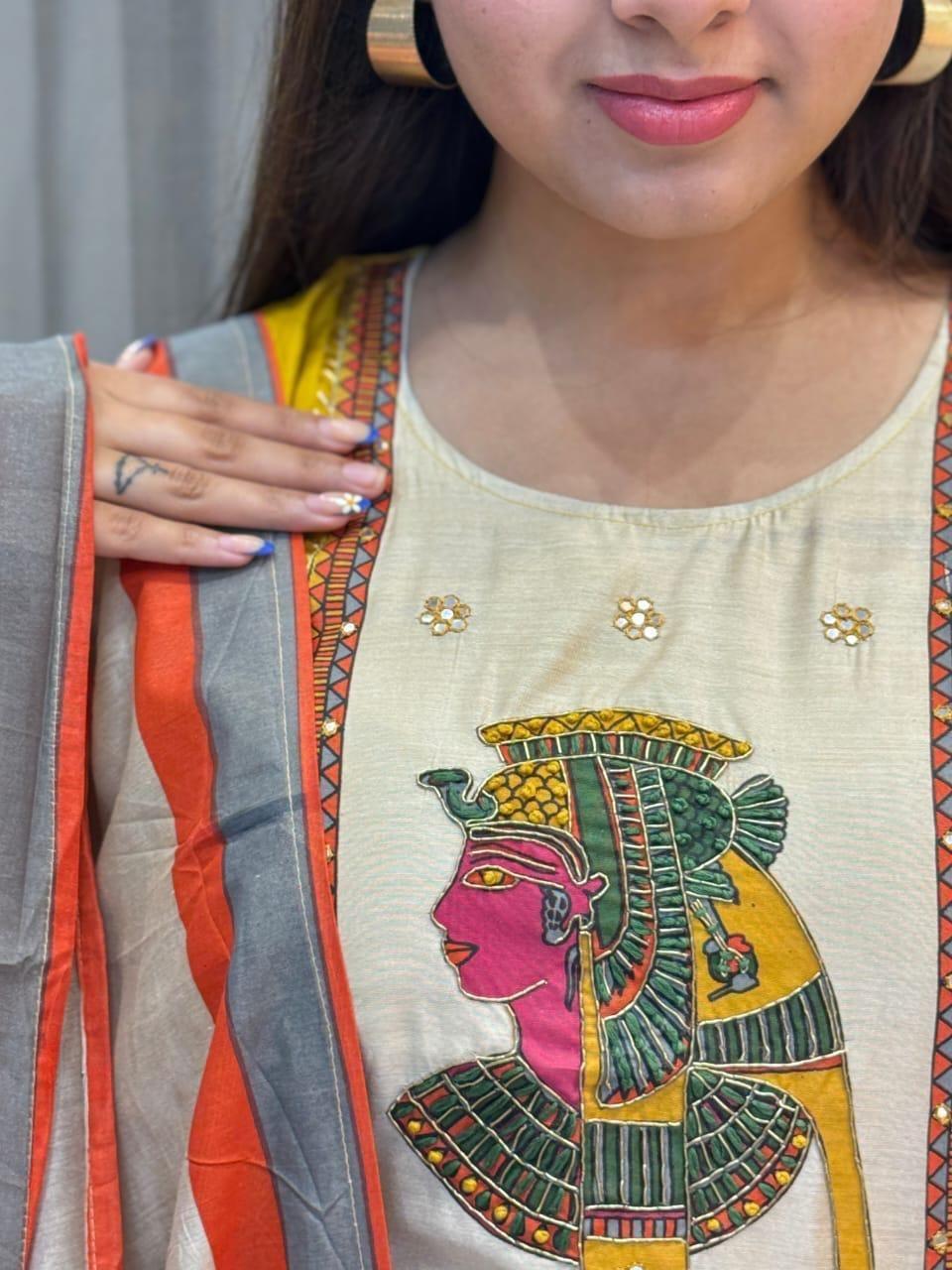 Chinon & Egyptian Print Silk Three-Piece Suit – Kurta, Pant & Dupatta