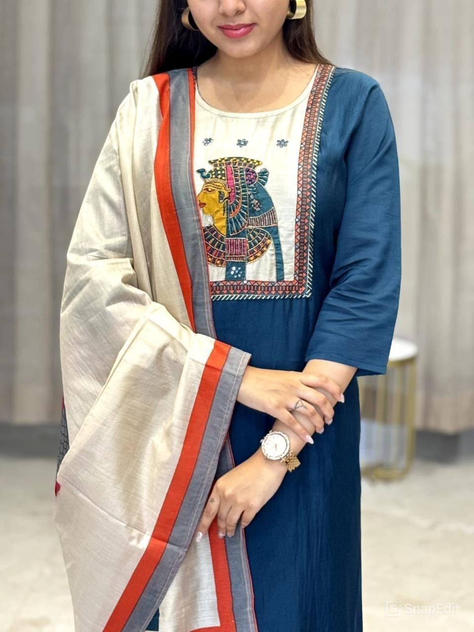Chinon & Egyptian Print Silk Three-Piece Suit – Kurta, Pant & Dupatta