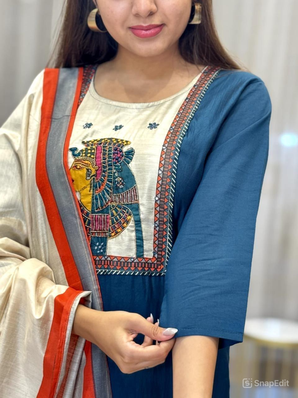 Chinon & Egyptian Print Silk Three-Piece Suit – Kurta, Pant & Dupatta