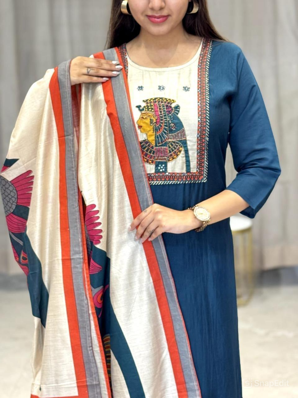 Chinon & Egyptian Print Silk Three-Piece Suit – Kurta, Pant & Dupatta