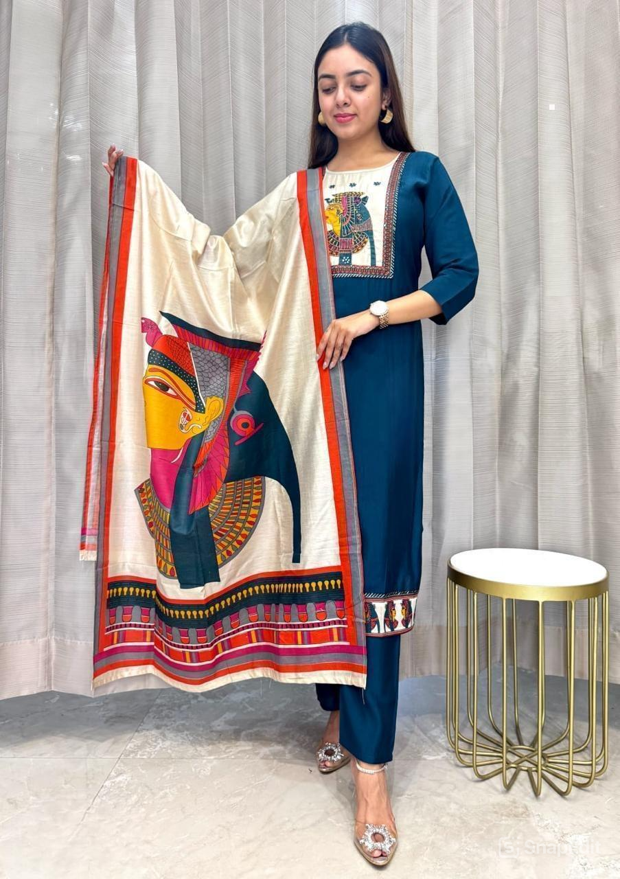 Chinon & Egyptian Print Silk Three-Piece Suit – Kurta, Pant & Dupatta