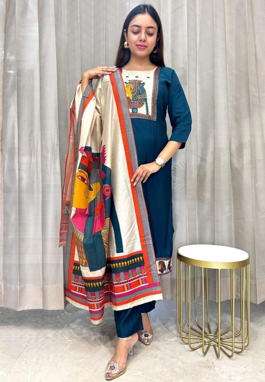Chinon & Egyptian Print Silk Three-Piece Suit – Kurta, Pant & Dupatta