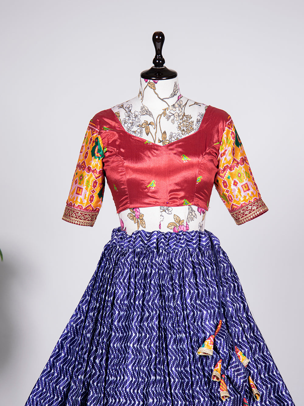 Navy Blue Color Gujarati Patola Print and Sequins Embroidery Chinon Lehenga Choli
