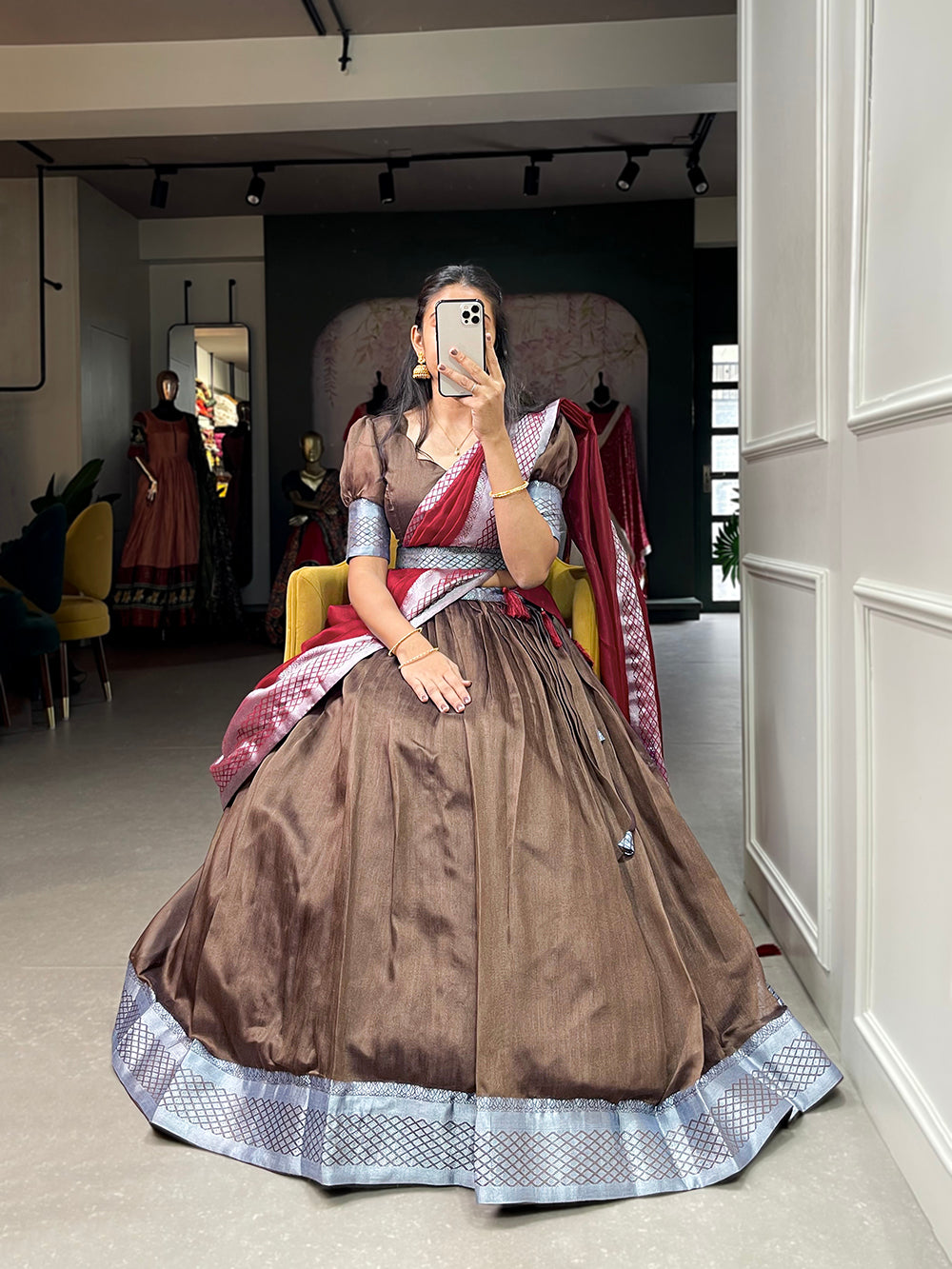 Brown Color Plain And Silver Viscose Chanderi Dupion Silk Semi Stich Half Saree Lehenga Choli