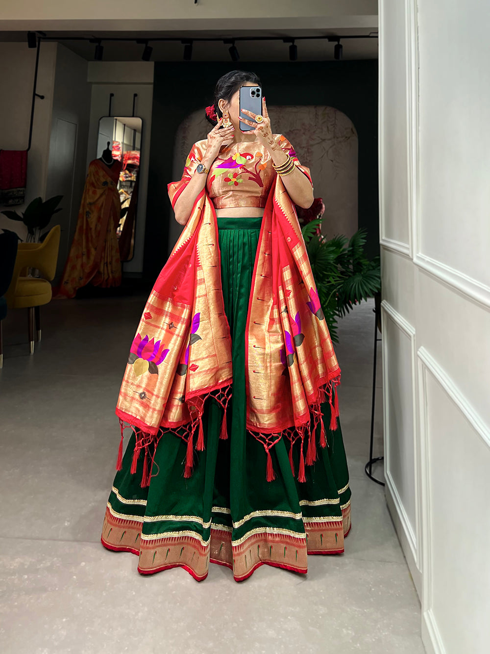 Green Color Plain With Paithani Lace Border Vichitra Silk Lehenga  Choli