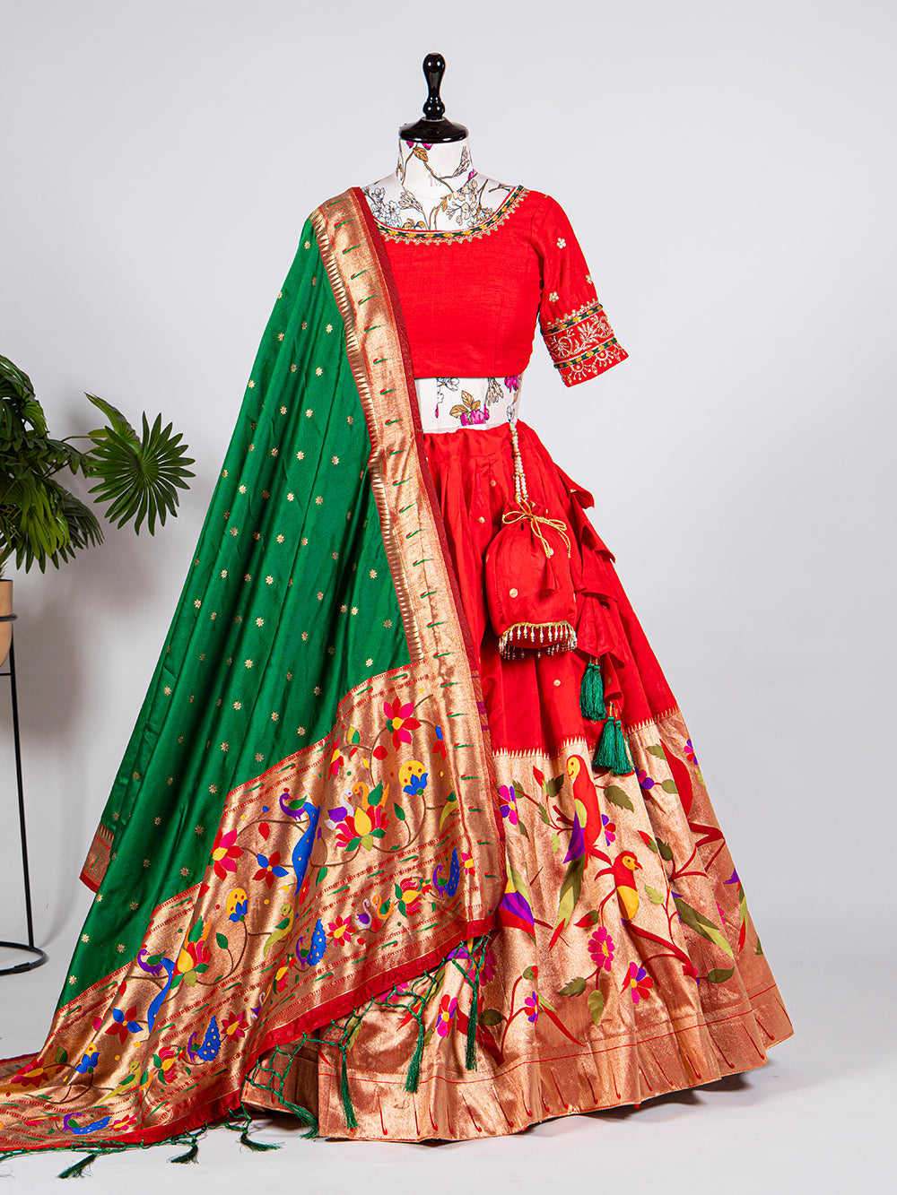 Red Color Weaving Zari Work Jacquard Pethani Lehenga Set