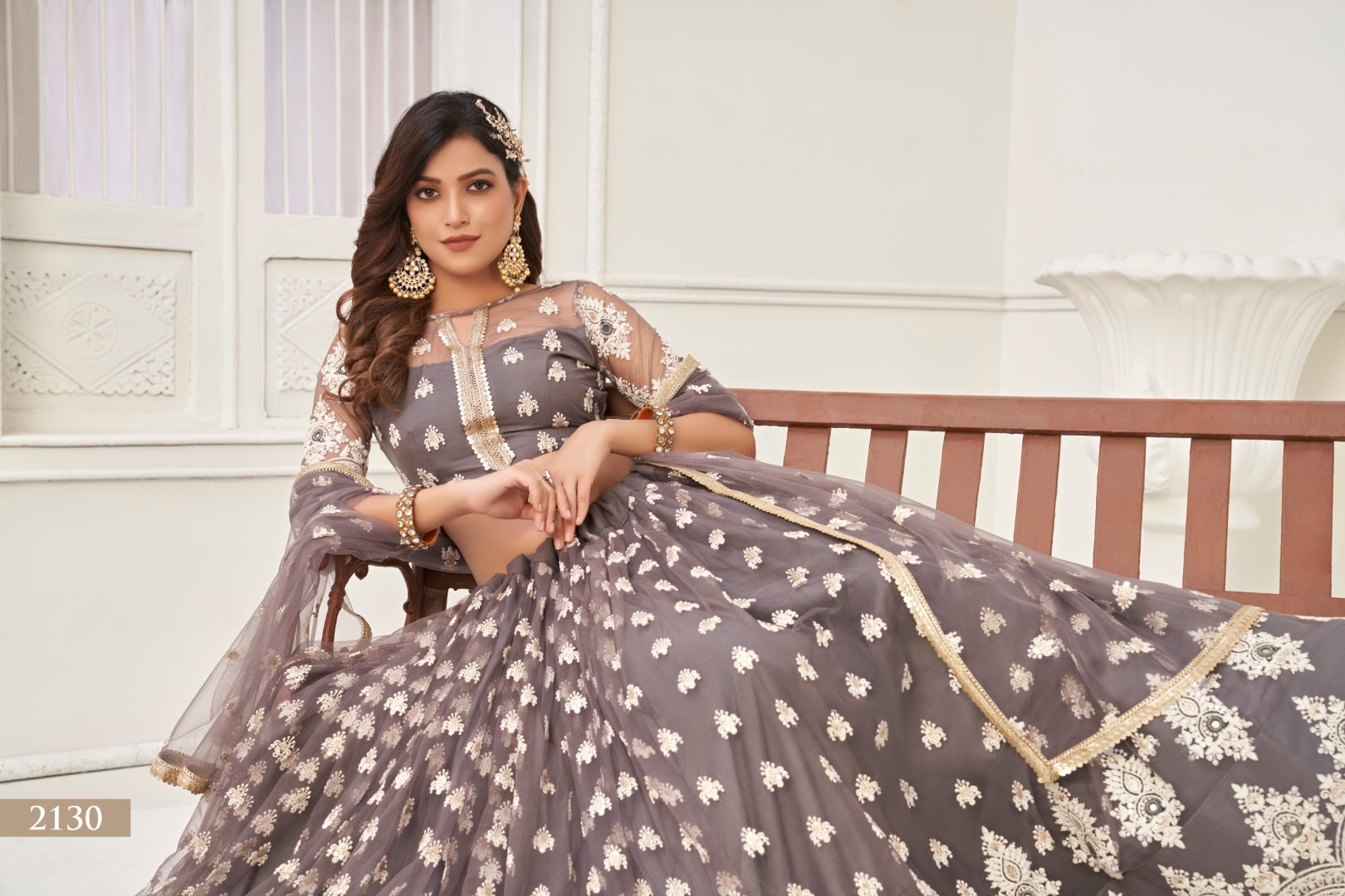 Space Gray Sophisticated  Butterfly Net Lehenga Set with White Thread and Sequence Embroidery