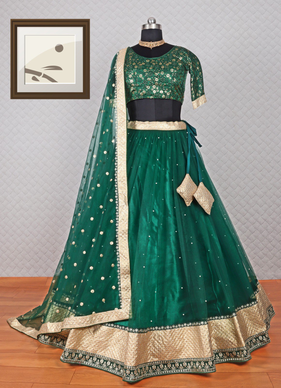 Sparkling Elegance: Embroidered Nylon Net Green Lehenga Choli