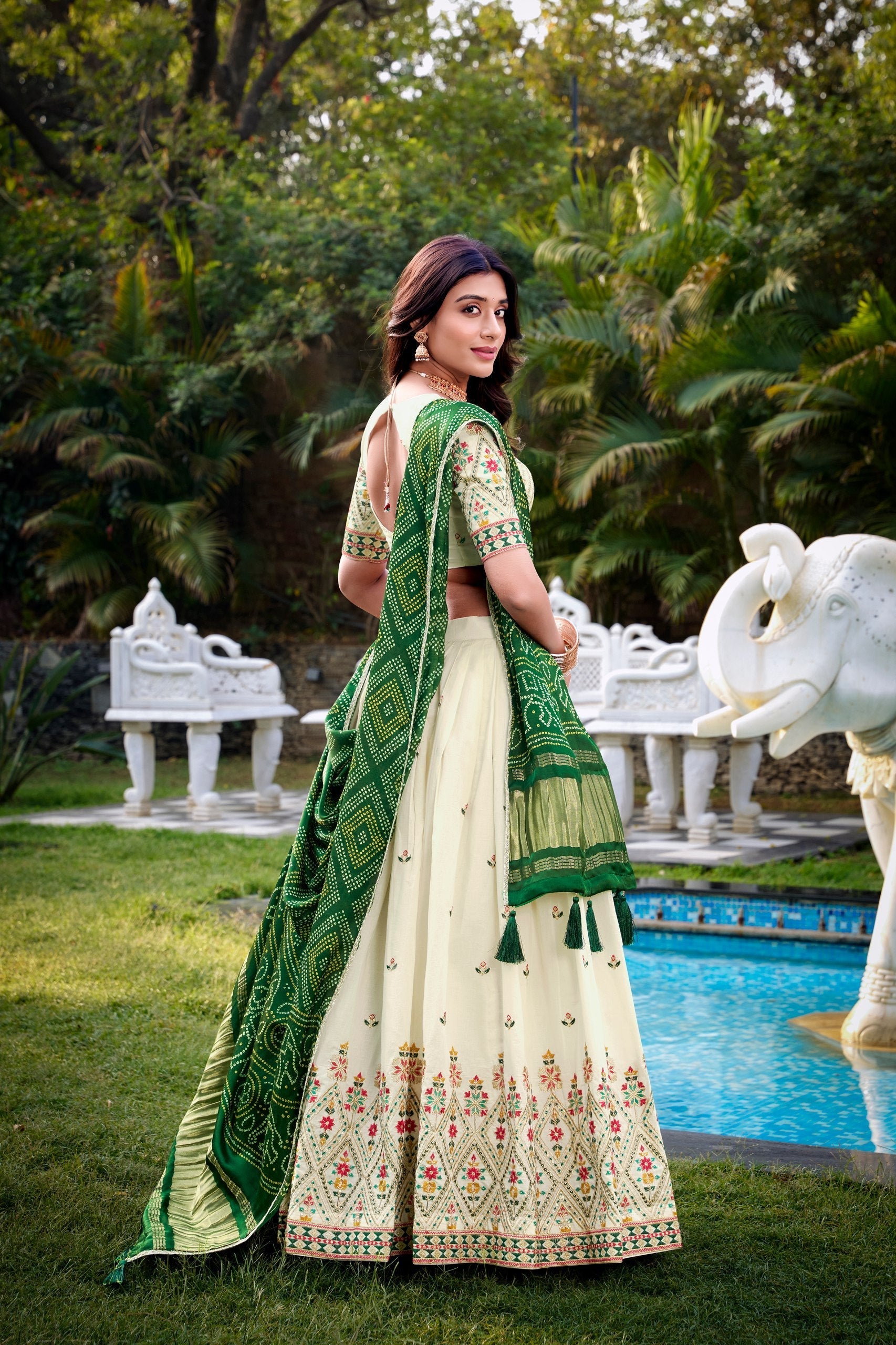 Square Traditional Khadi Cotton Embroidered Lehenga Set with Printed Gaji Silk Dupatta & Tassels