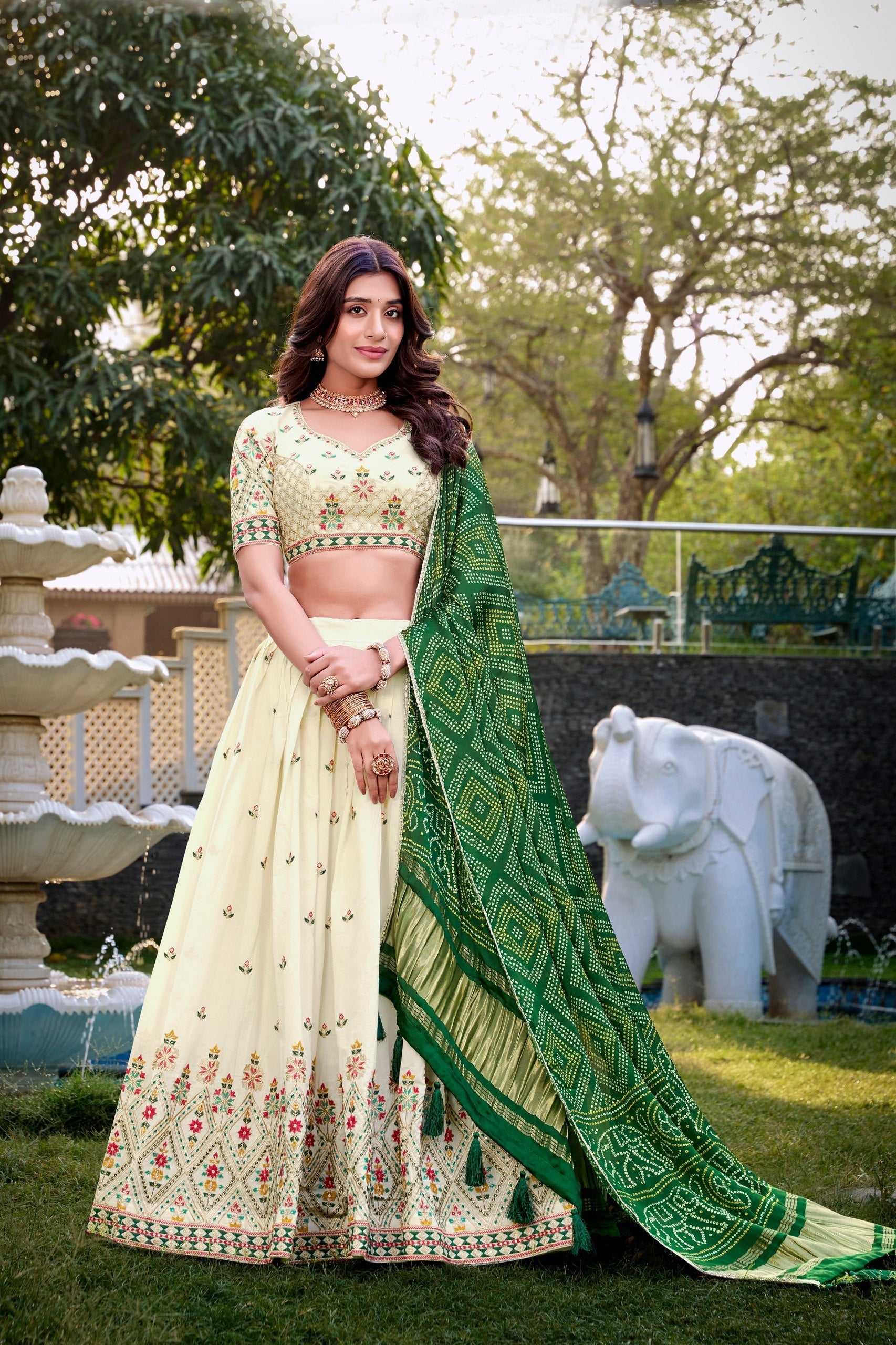 Square Traditional Khadi Cotton Embroidered Lehenga Set with Printed Gaji Silk Dupatta & Tassels
