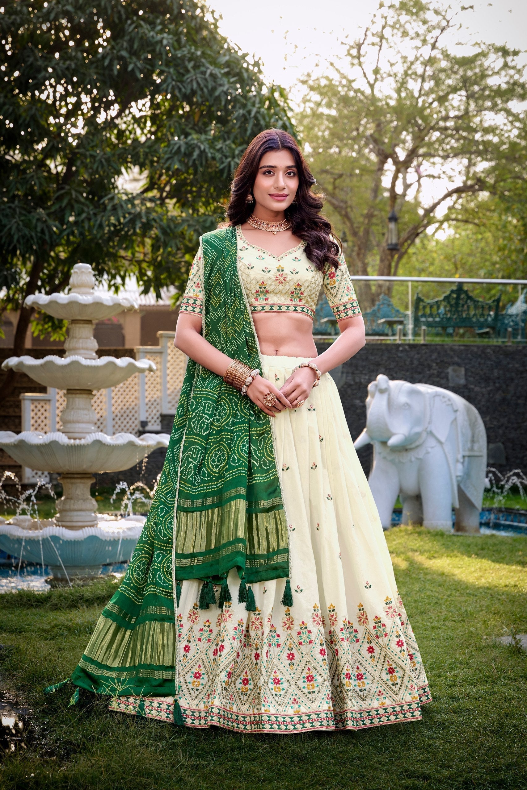 Square Traditional Khadi Cotton Embroidered Lehenga Set with Printed Gaji Silk Dupatta & Tassels