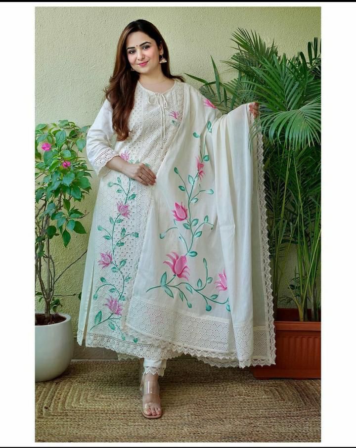 Straight Chicken Shifli Painted Cotton Kurti Pant Set with Mulmul Dupatta