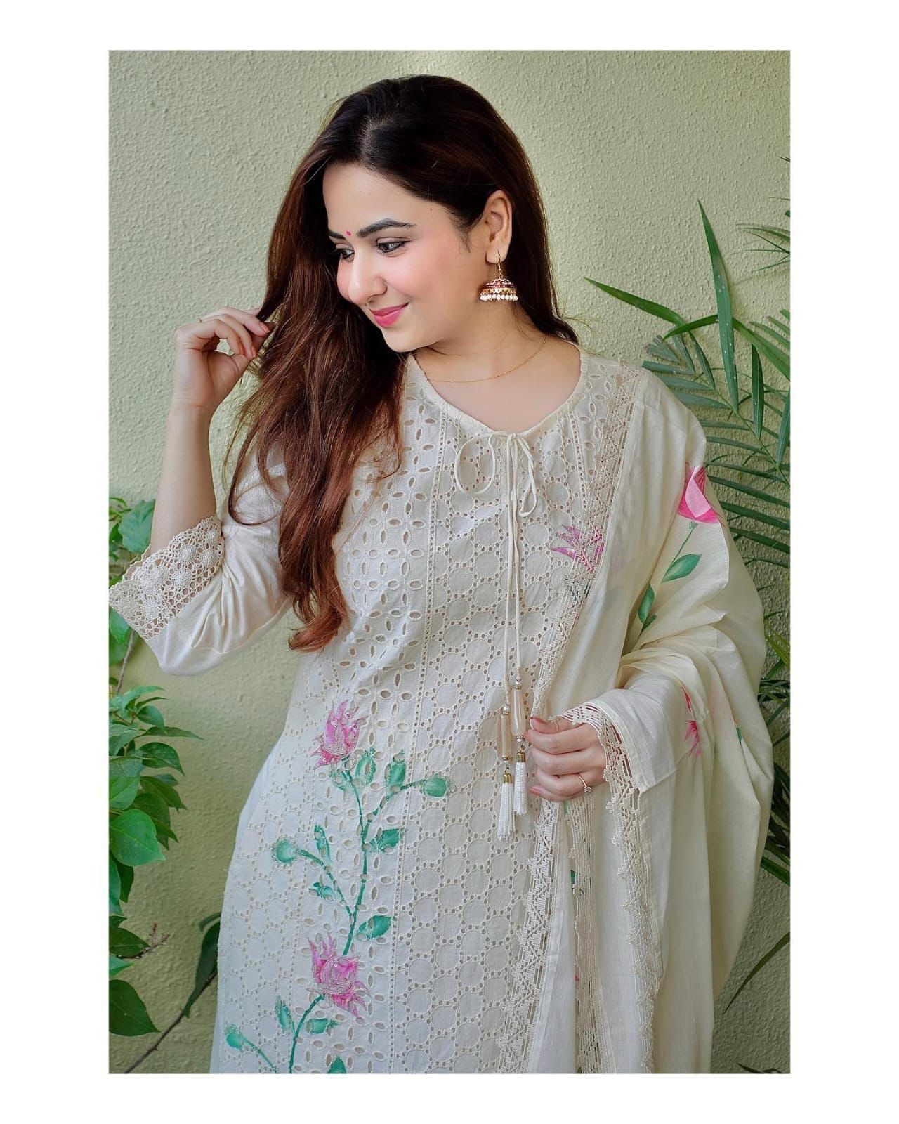 Straight Chicken Shifli Painted Cotton Kurti Pant Set with Mulmul Dupatta