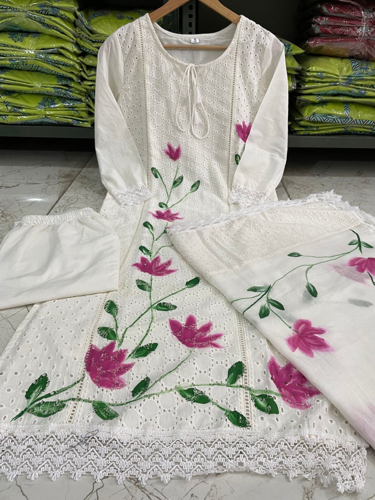 Straight Chicken Shifli Painted Cotton Kurti Pant Set with Mulmul Dupatta