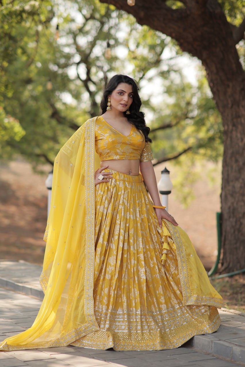 Stunning Dyeable Viscose Jacquard Yellow Lehenga Choli Set with Embroidered Sequins Work
