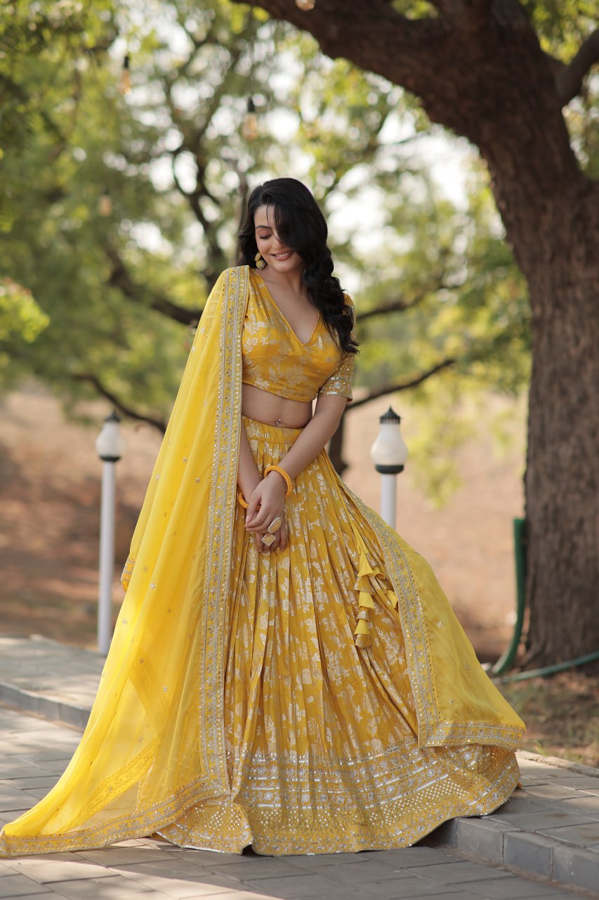 Stunning Dyeable Viscose Jacquard Yellow Lehenga Choli Set with Embroidered Sequins Work