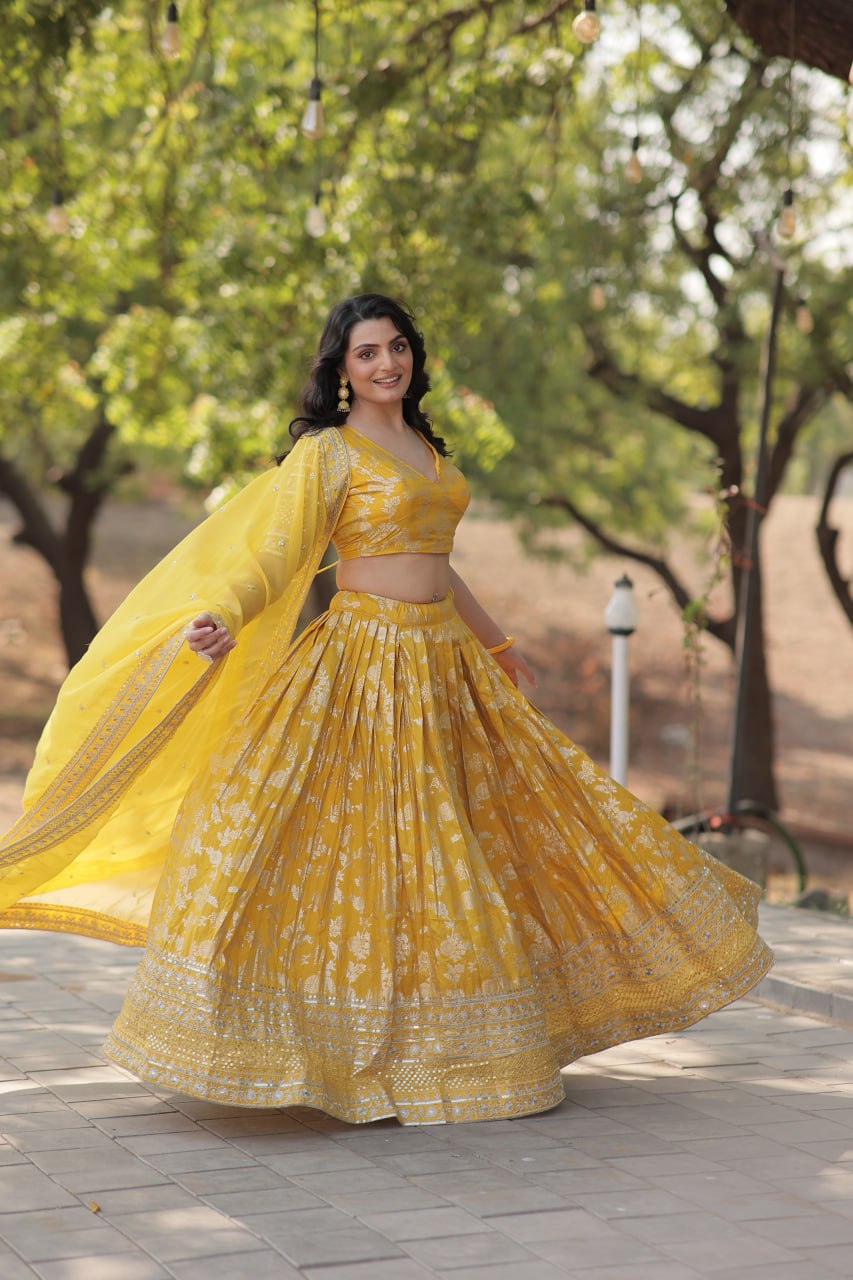 Stunning Dyeable Viscose Jacquard Yellow Lehenga Choli Set with Embroidered Sequins Work