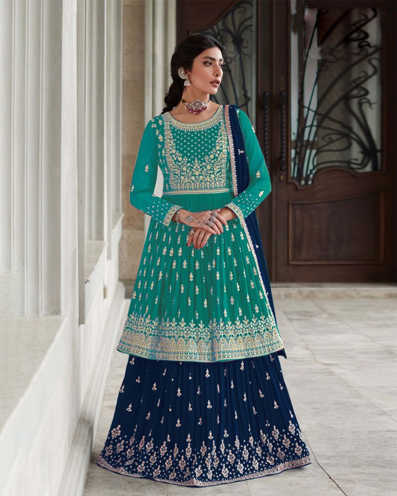 Stunning Thread EmSequence broidered Georgette Blue & Navy Blue Color Lehenga Set