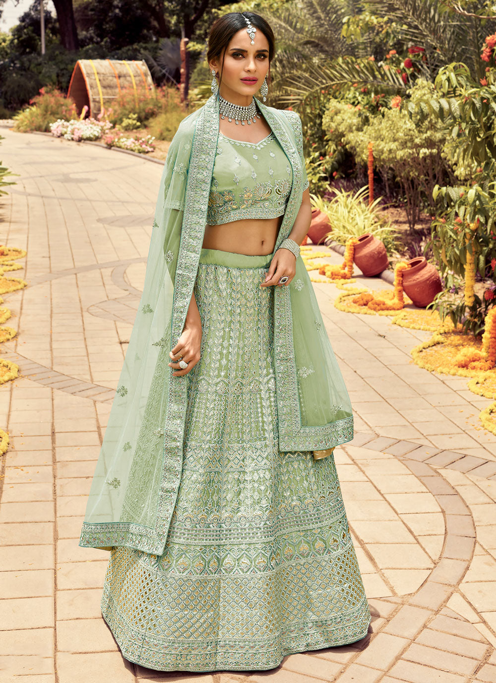 Light-Green Embroidered Organza Semi Stitched Lehenga