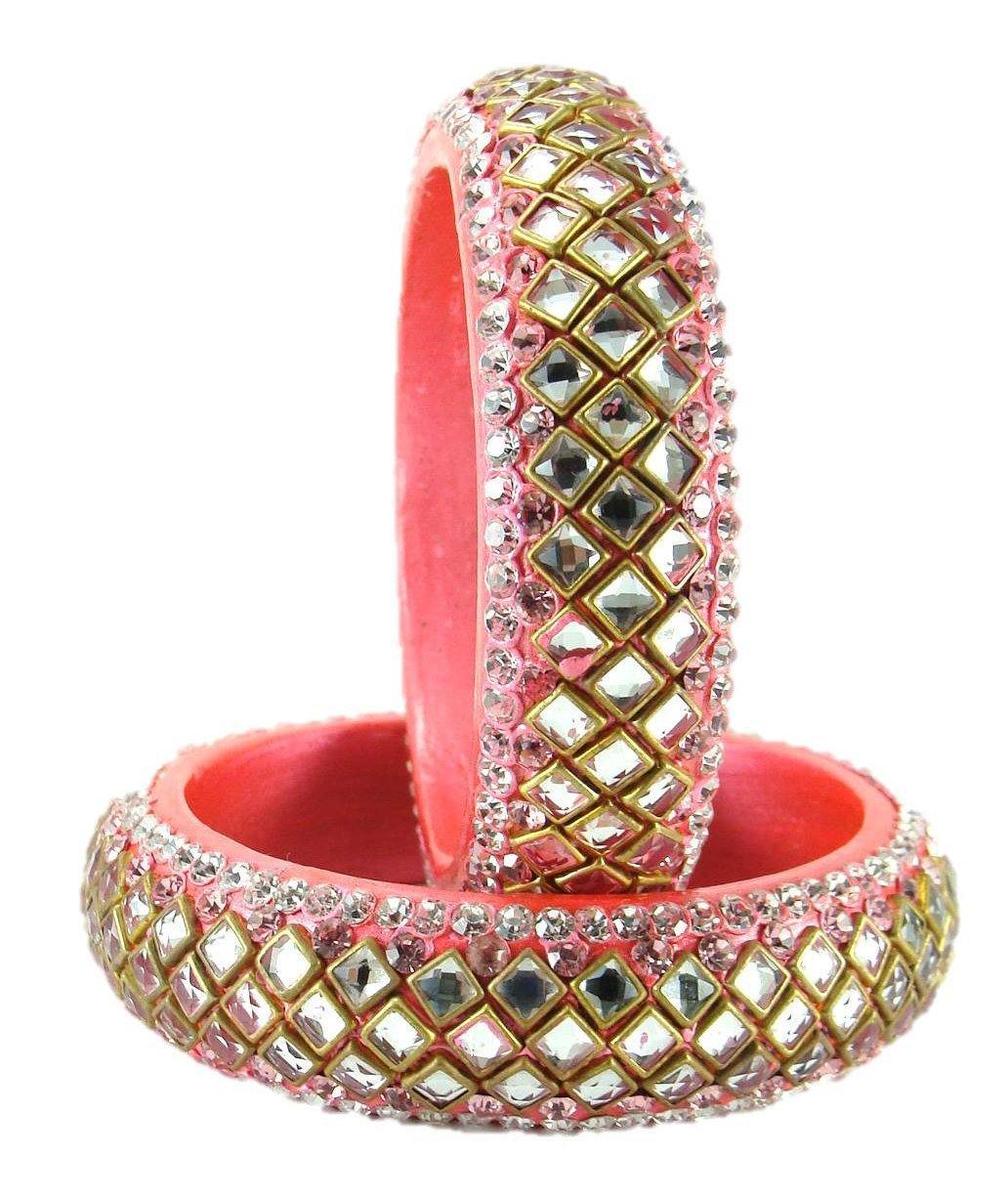 Sukriti Designer Kundan Pink Lac Bangles for Women - Set of 2