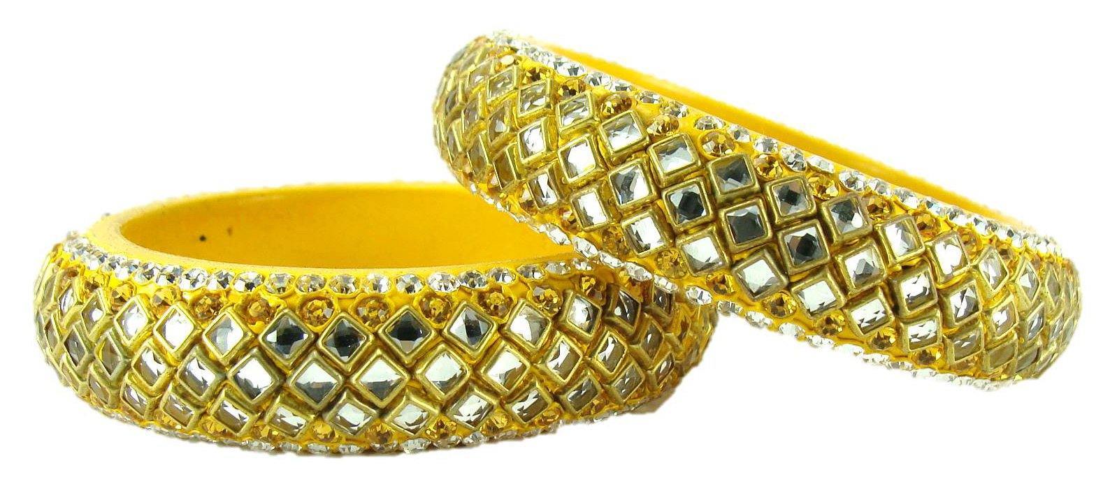 Sukriti Designer Kundan Yellow Lac Bangles for Women - Set of 2
