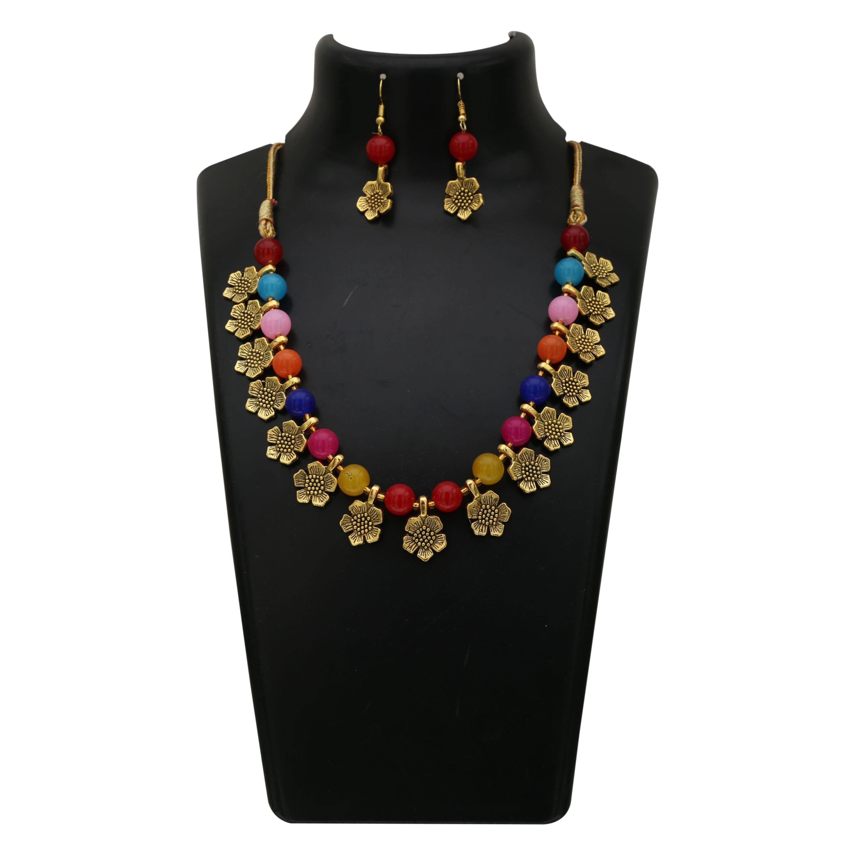 Sukriti Designer Multicolor Beads Dangling Flowers Necklace Earrings set Jewelry for Girls & Women