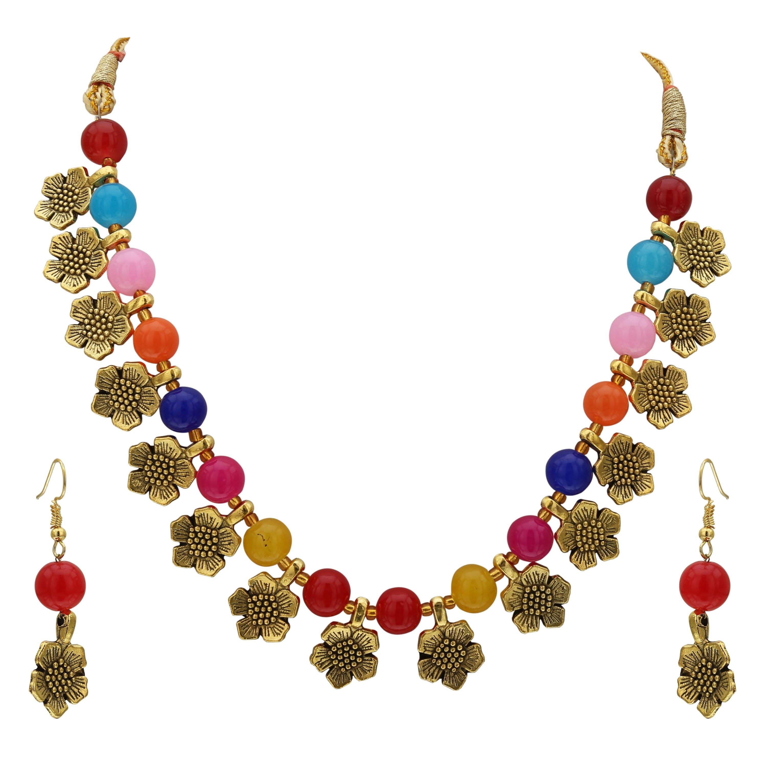 Sukriti Designer Multicolor Beads Dangling Flowers Necklace Earrings set Jewelry for Girls & Women