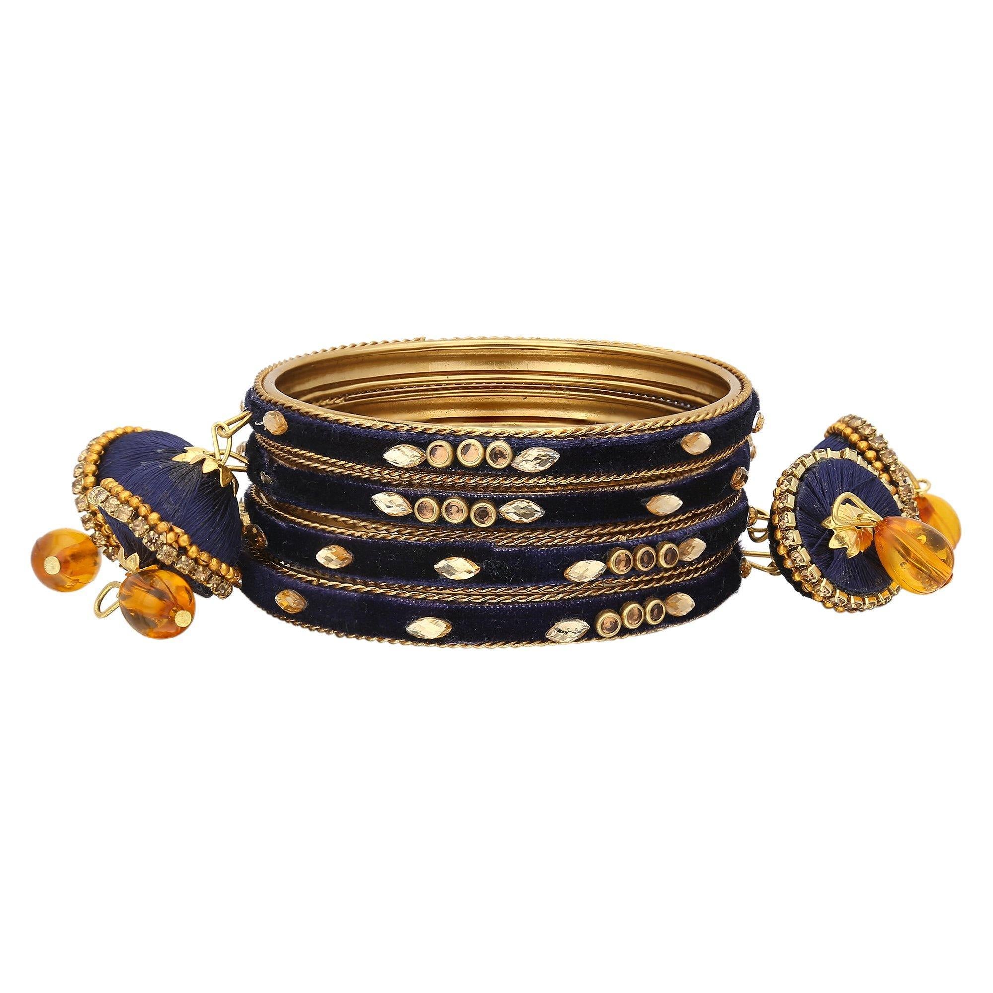 Sukriti Designer Silk Thread Tassel Latkan Velvet Navy-Blue Bangle for Girls & Women – Set of 4