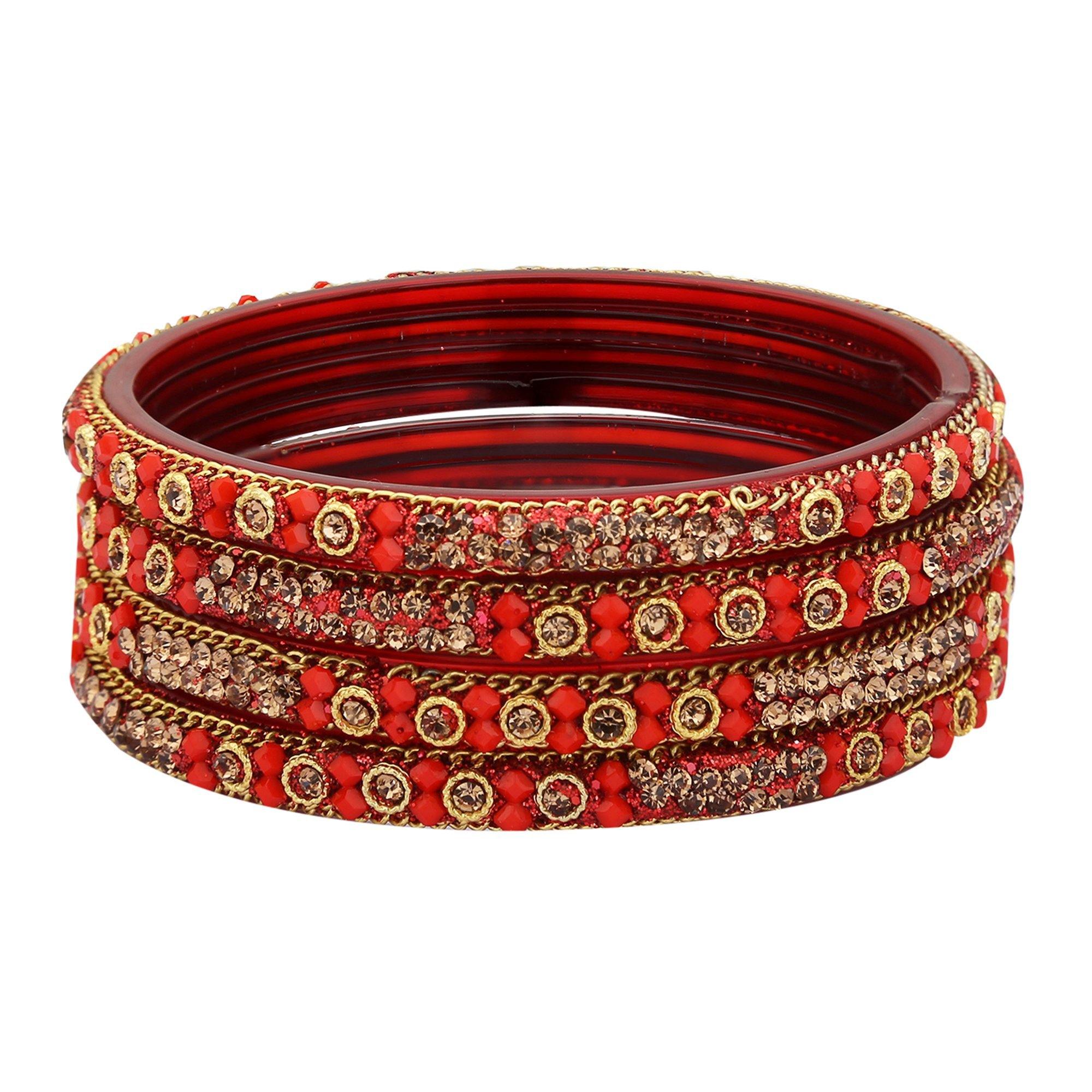 Sukriti Handcrafted Glossy Zircon Crystal Glass Red Bangles for Women – Set of 4