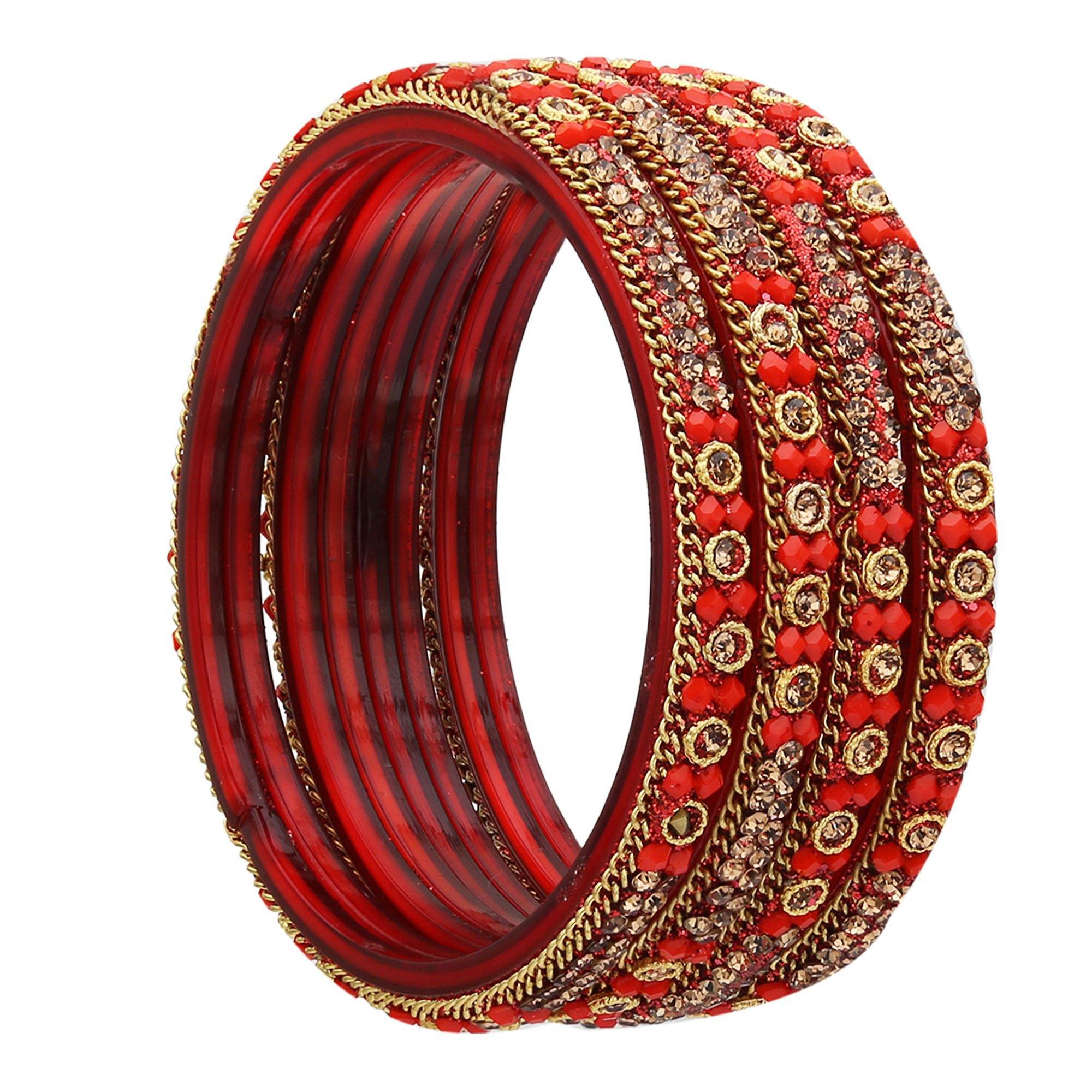 Sukriti Handcrafted Glossy Zircon Crystal Glass Red Bangles for Women – Set of 4