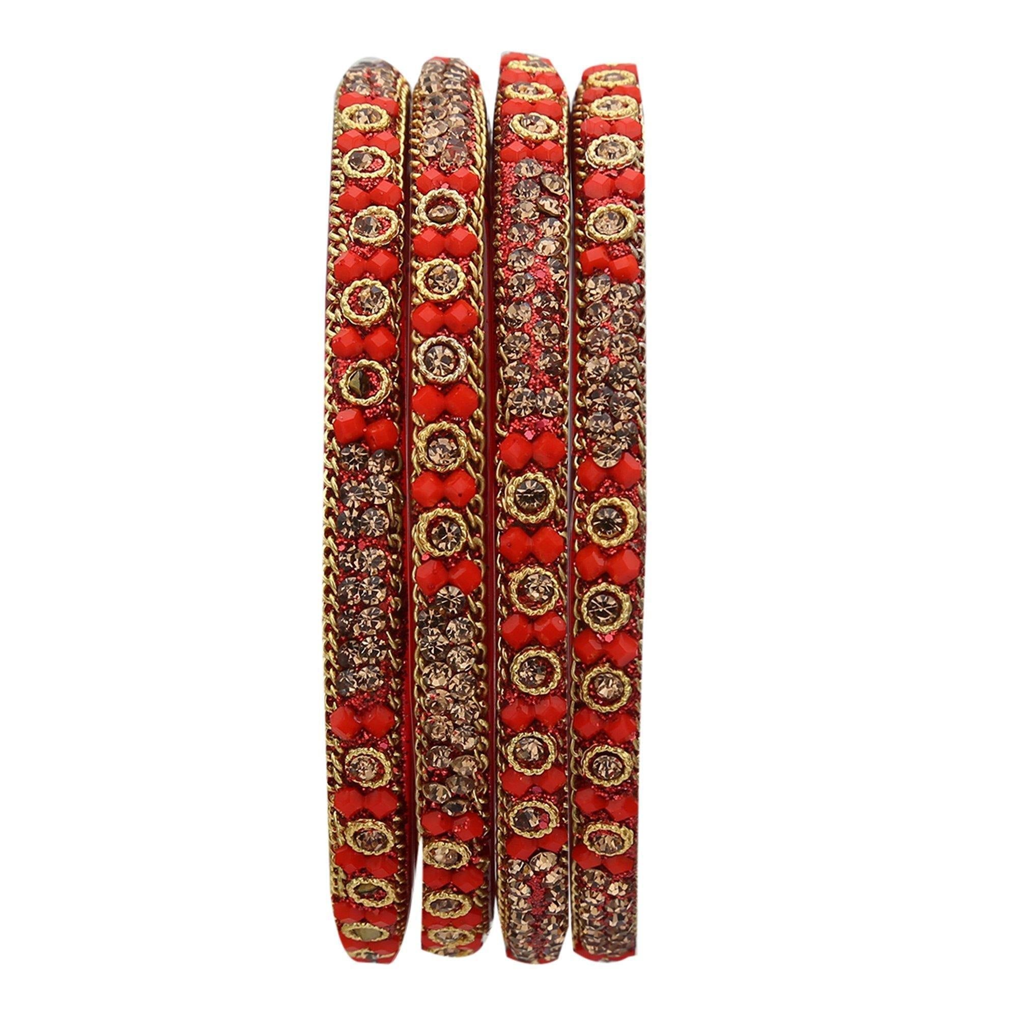 Sukriti Handcrafted Glossy Zircon Crystal Glass Red Bangles for Women – Set of 4