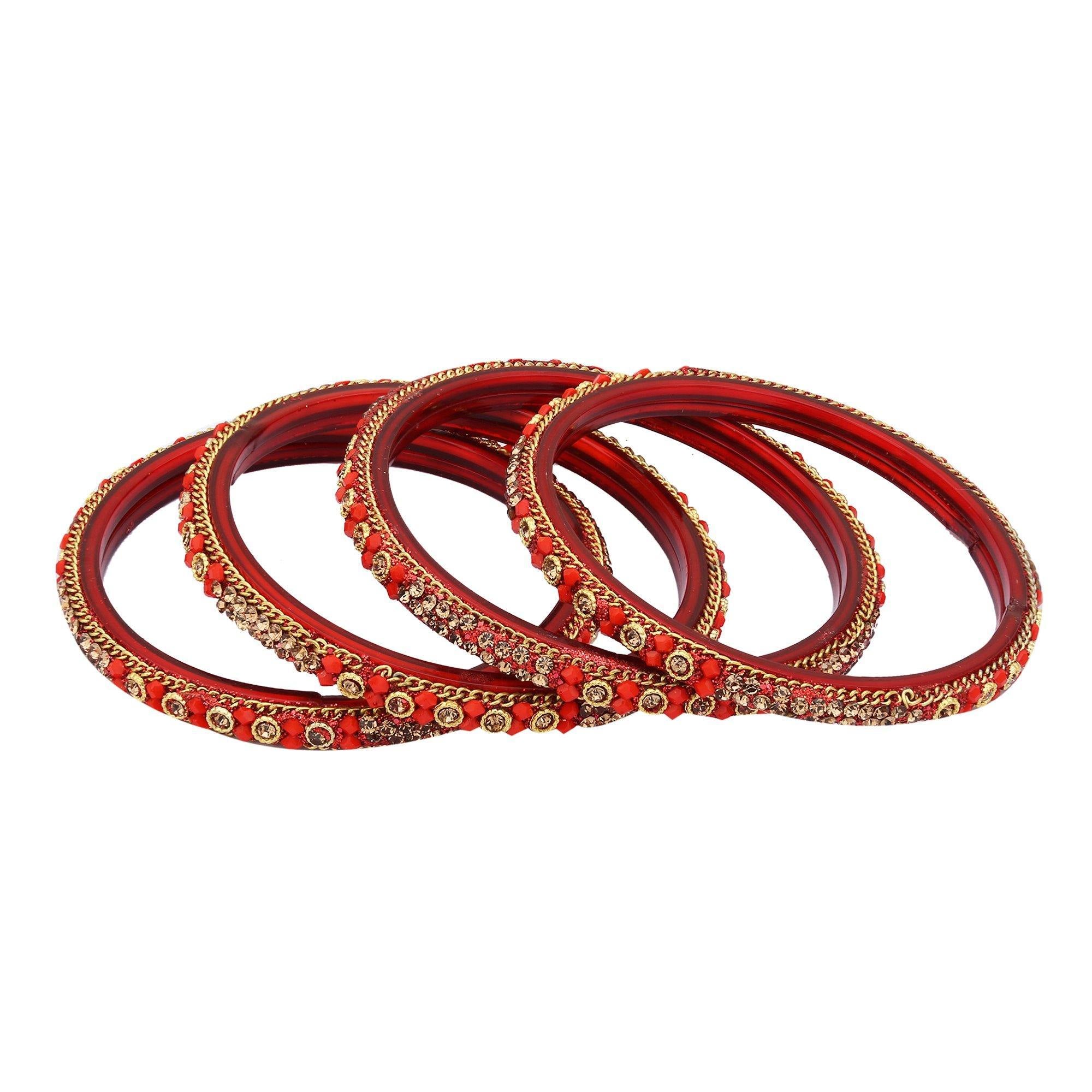 Sukriti Handcrafted Glossy Zircon Crystal Glass Red Bangles for Women – Set of 4
