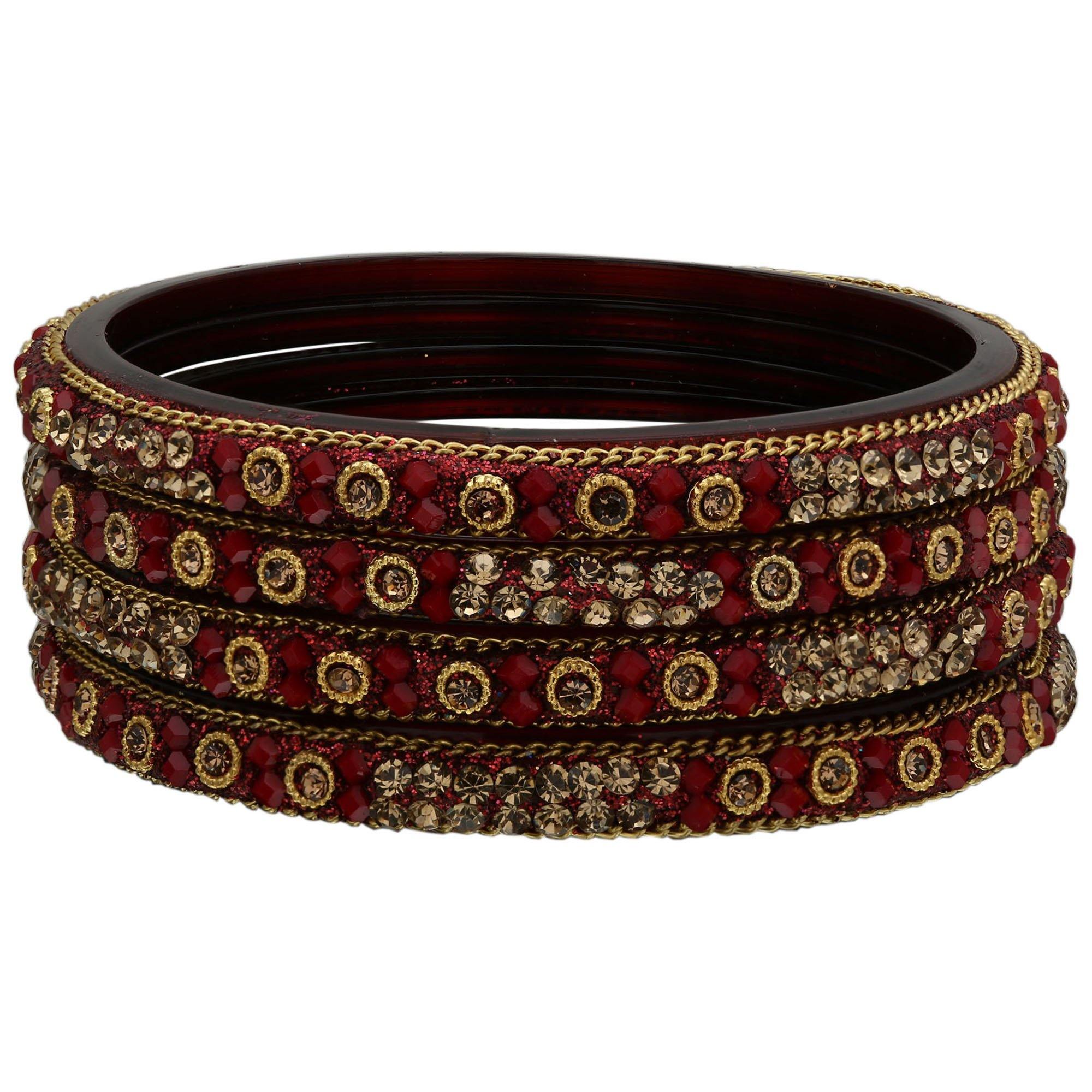 Sukriti Handcrafted Glossy Zircon Crystal Maroon Glass Bangles for Women – Set of 4
