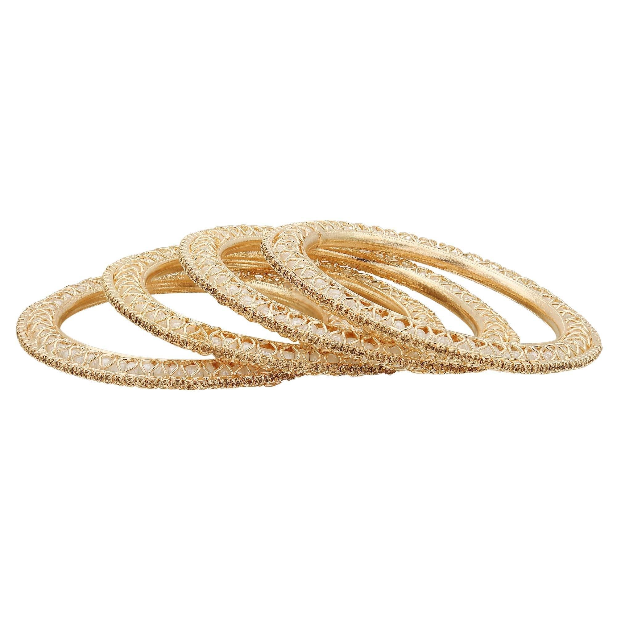 Sukriti Indian Beautiful Gold Plated Royal White Bangadi Bangles for Women & Girls - Set of 4