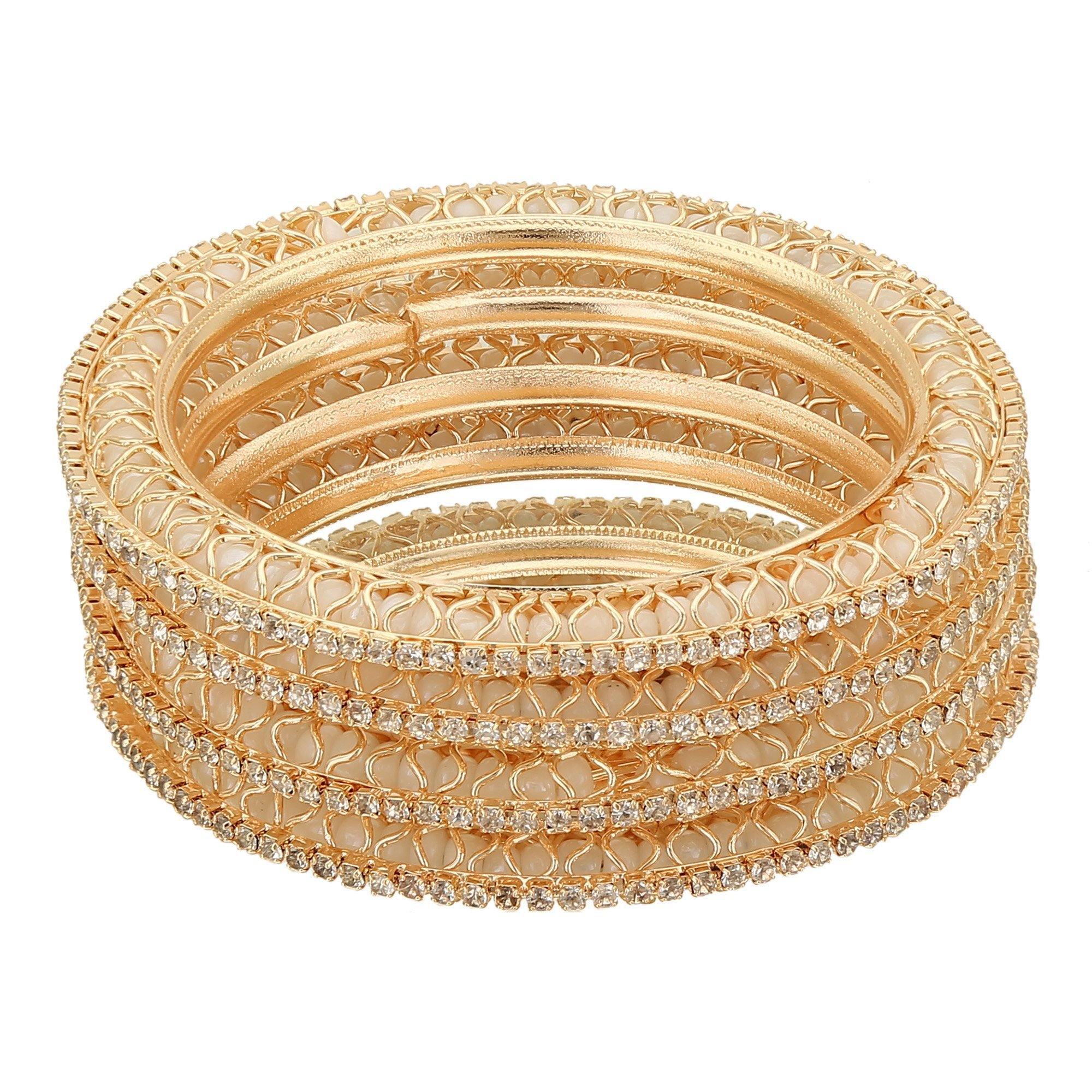 Sukriti Indian Beautiful Gold Plated Royal WhiteAD Bangadi Bangles for Women & Girls - Set of 4