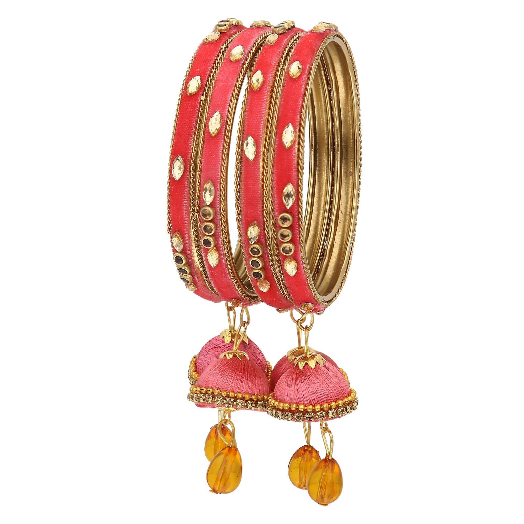 Sukriti Indian Designer Silk Thread Tassel Latkan Velvet Pink Bangle for Girls & Women – Set of 4