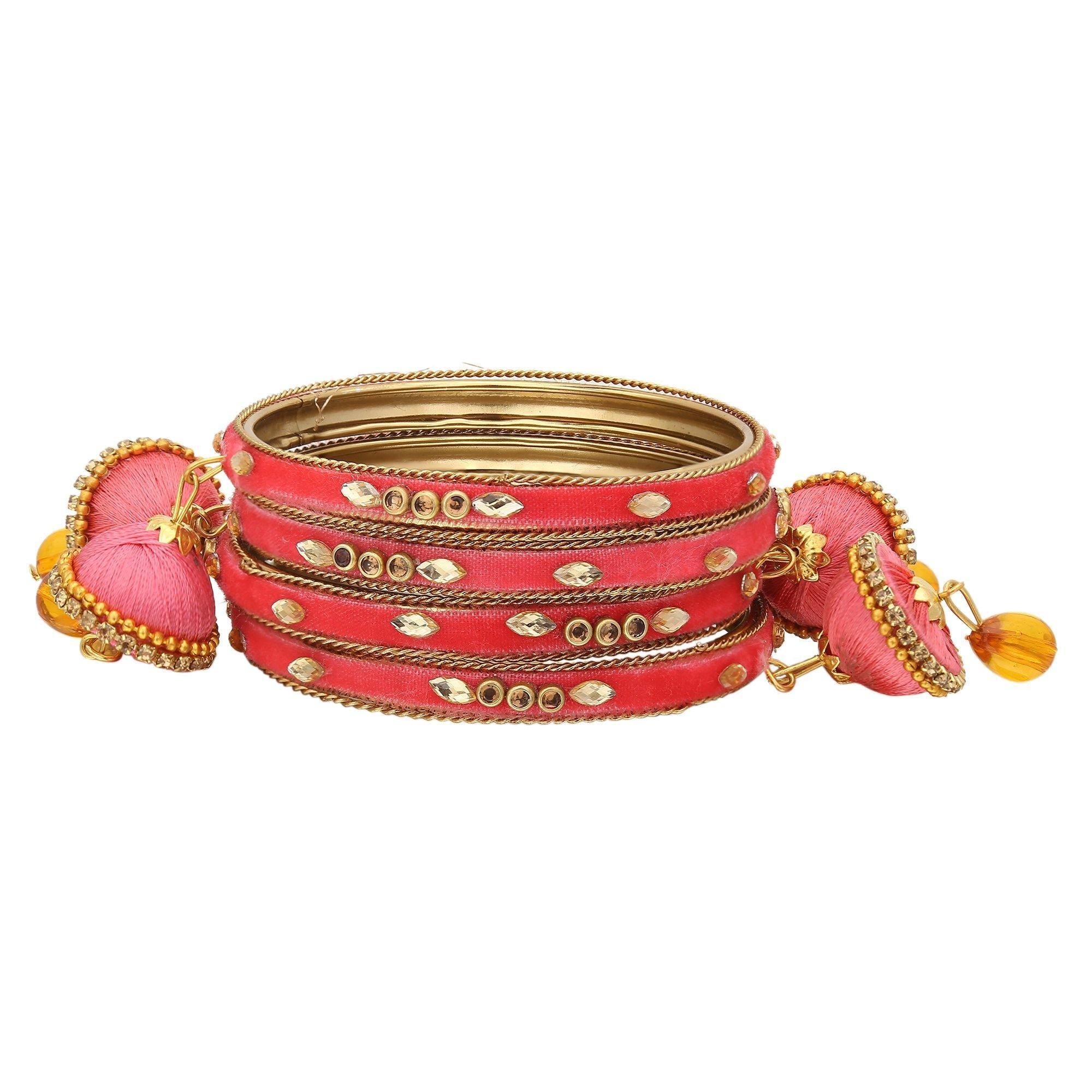 Sukriti Indian Designer Silk Thread Tassel Latkan Velvet Pink Bangle for Girls & Women – Set of 4