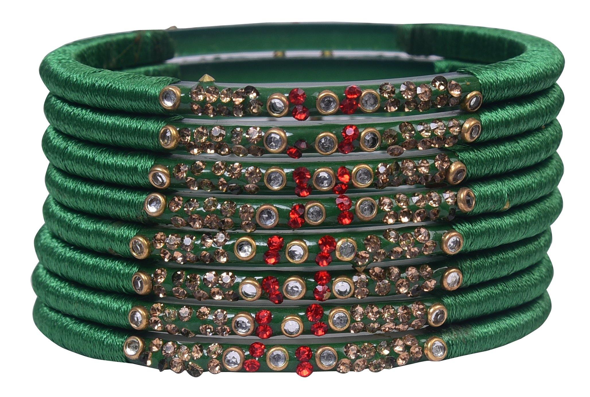 Sukriti Indian Party wear Green Silk Thread Acrylic Bangles for Girls, Women - Set of 8