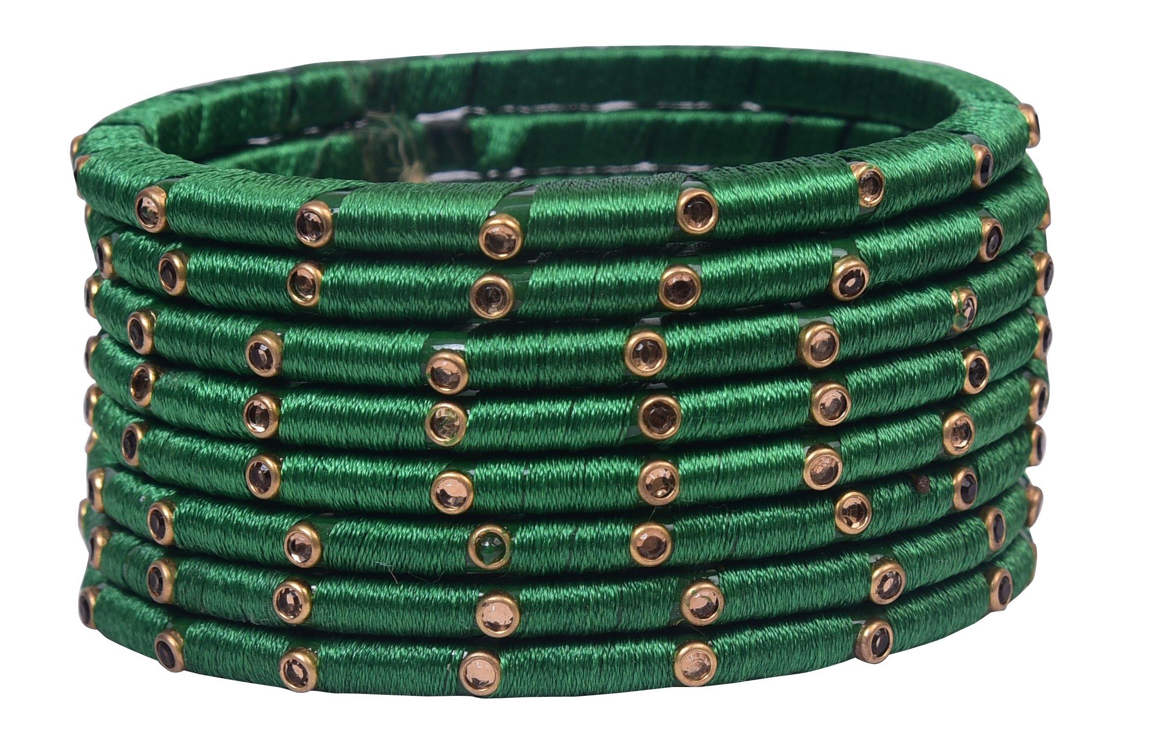 Sukriti Indian Party wear Silk Thread Acrylic Green Bangles for Girls, Women - Set of 8