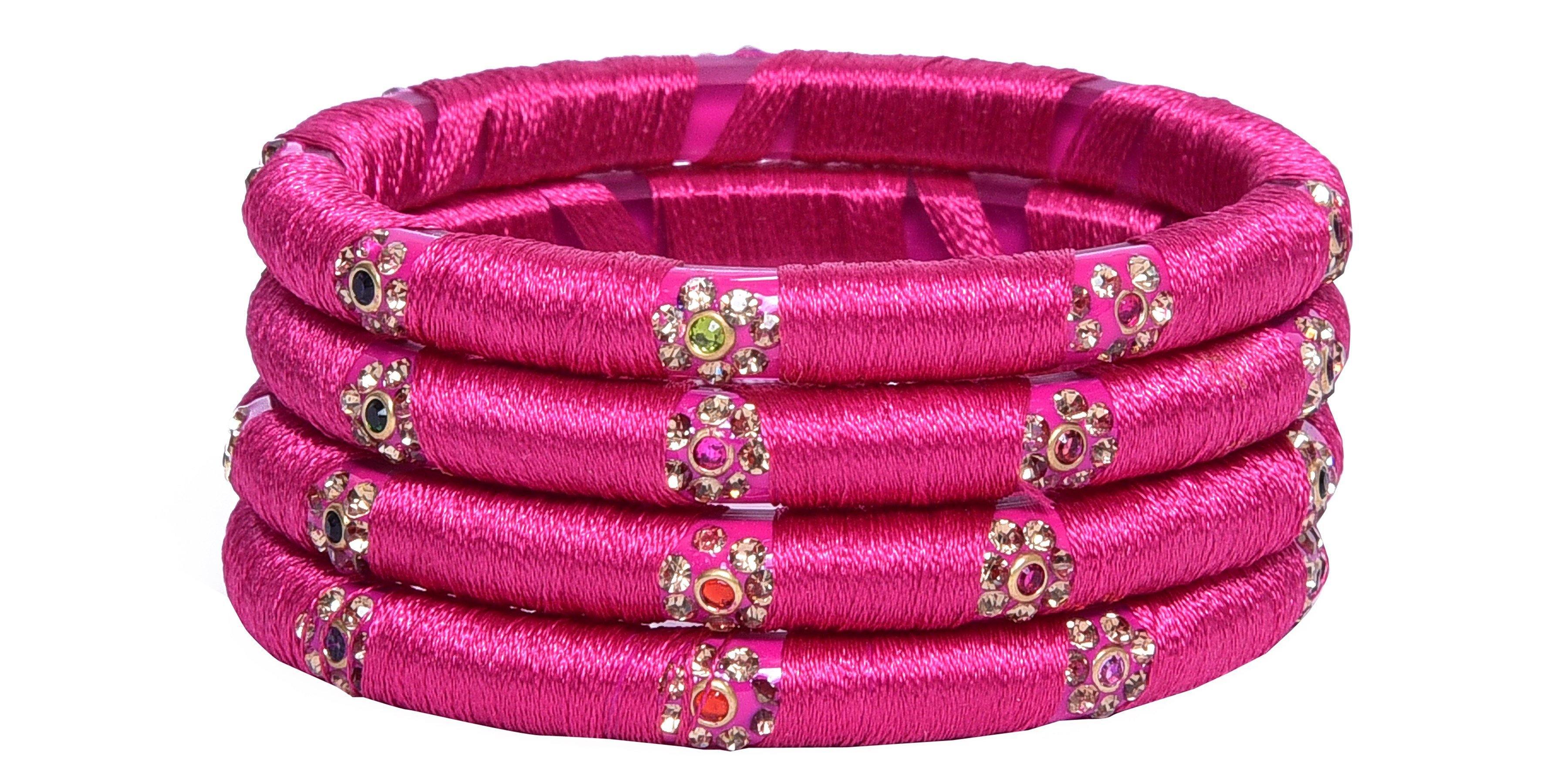 Sukriti Indian Party wear Silk Thread Acrylic Magenta Bangles for Girls, Women - Set of 4