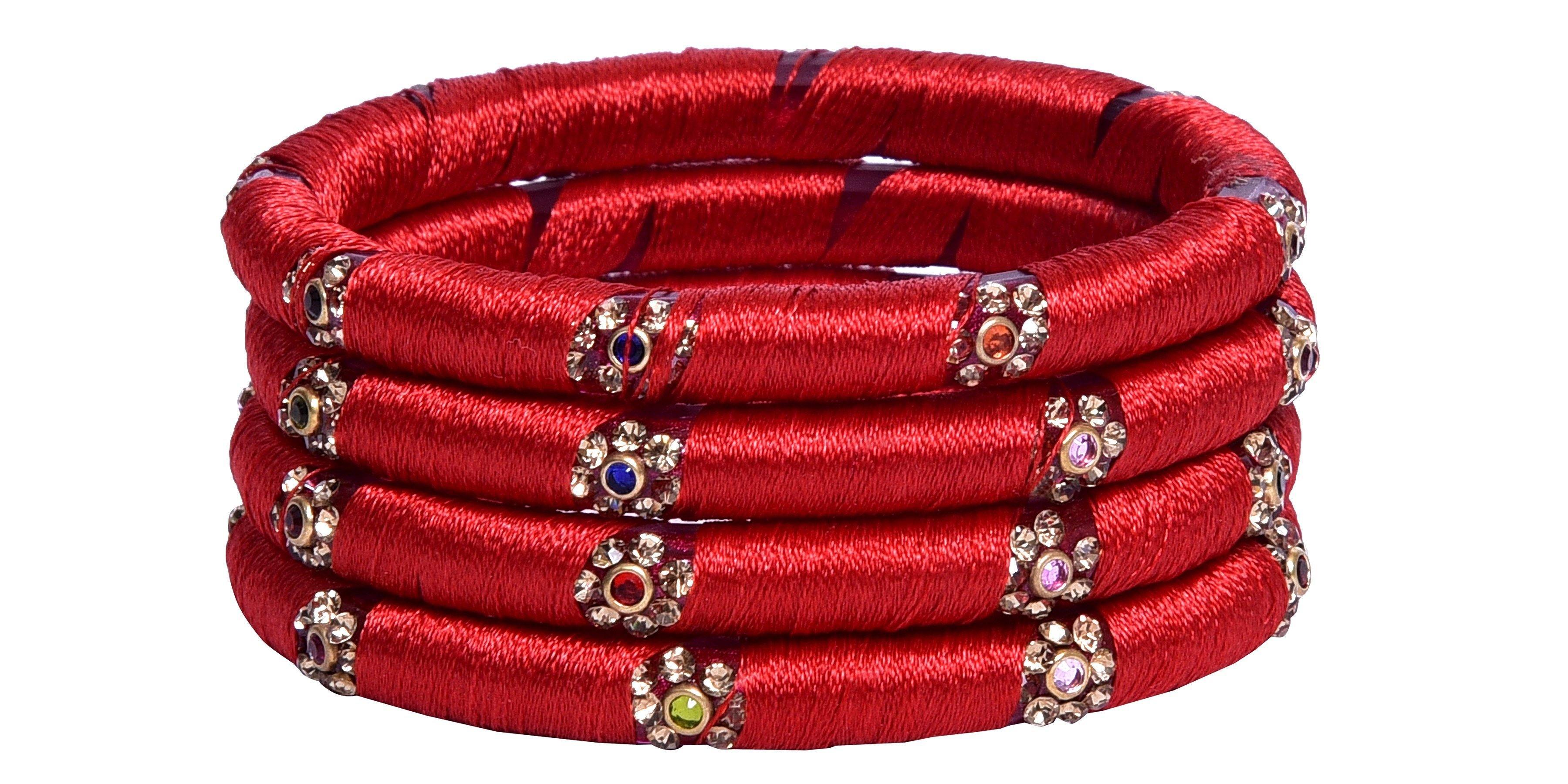 Sukriti Indian Party wear Silk Thread Acrylic Red Bangles for Girls, Women - Set of 4