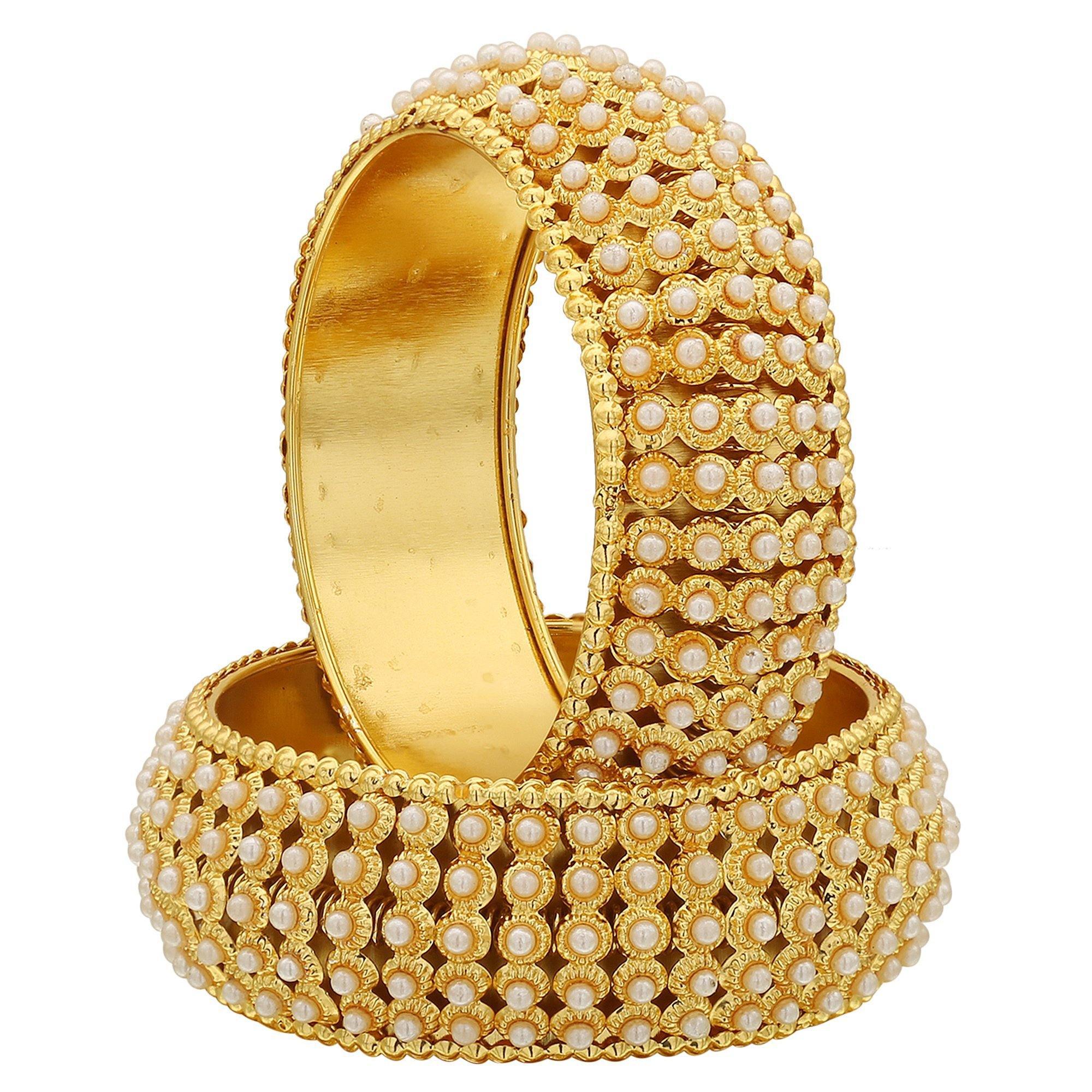 Sukriti Indian Traditional Royal Gold tone Kundan Moti Bracelet Bangles for Girls & Women - set of 2