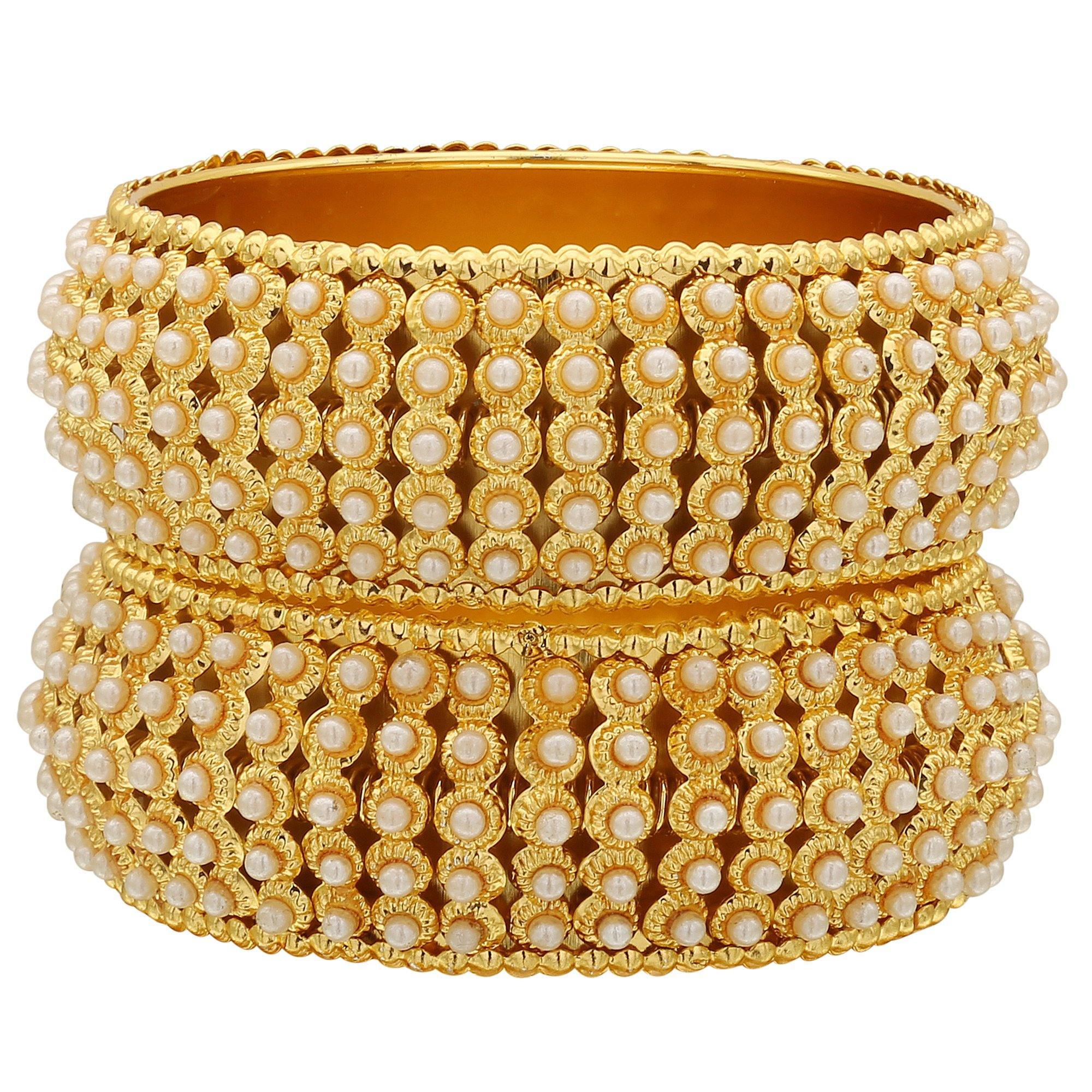 Sukriti Indian Traditional Royal Gold tone Kundan Moti Bracelet Bangles for Girls & Women - set of 2