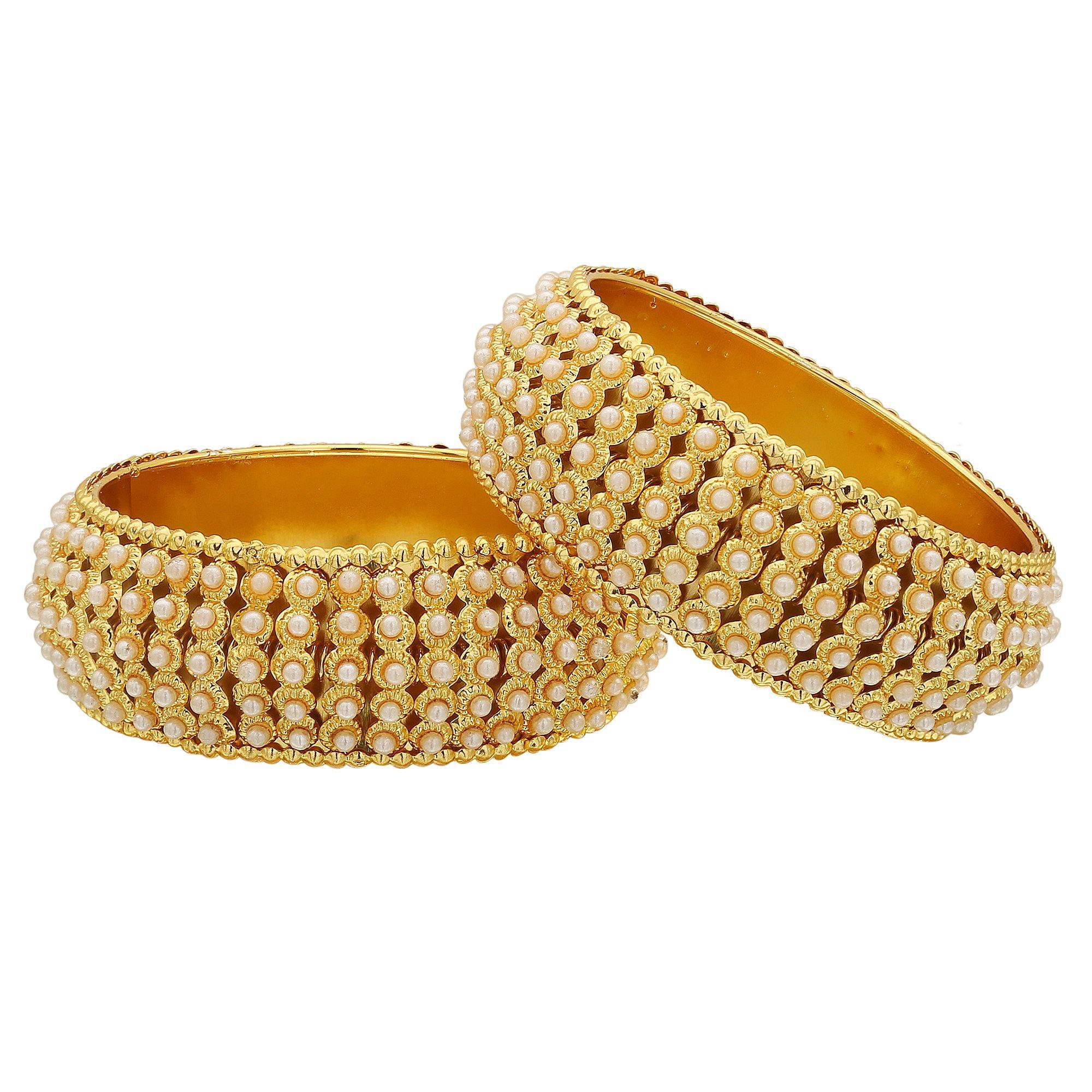 Sukriti Indian Traditional Royal Gold tone Kundan Moti Bracelet Bangles for Girls & Women - set of 2