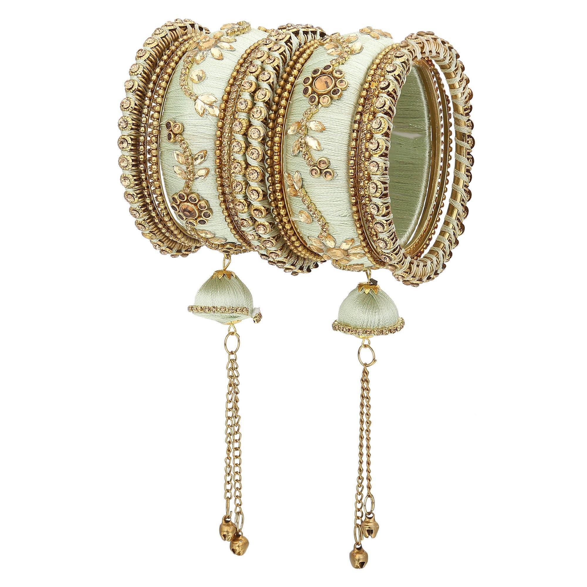 Sukriti Party wear Silk Thread Tassel Latkan Green Bangles Jewelry for Girls & Women – Set of 18