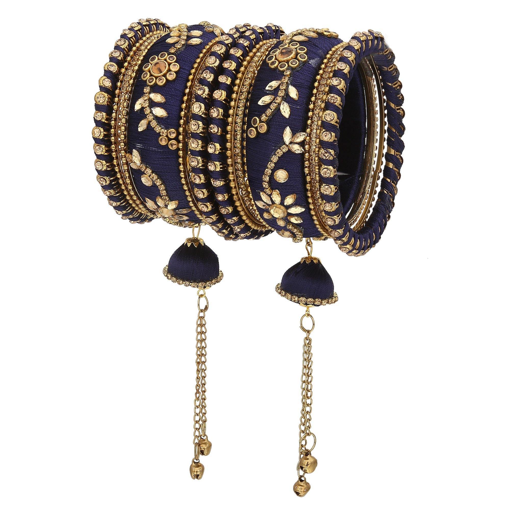 Sukriti Party wear Silk Thread Tassel Latkan Navy-Blue Bangles Jewelry for Girls & Women – Set of 18